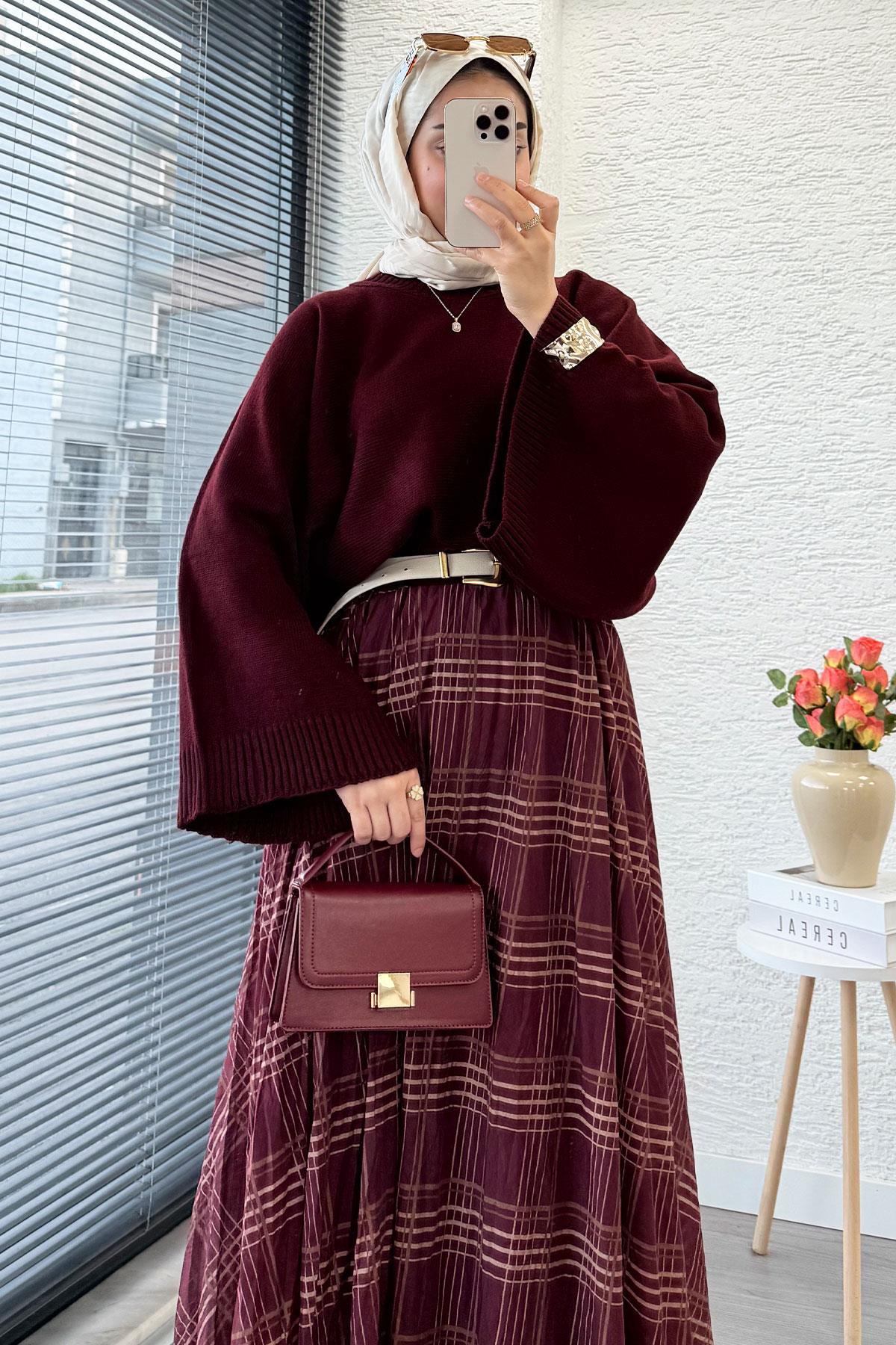 Premium Vual Ekose Desenli Lastikli Bel Kloş Etek - Bordo