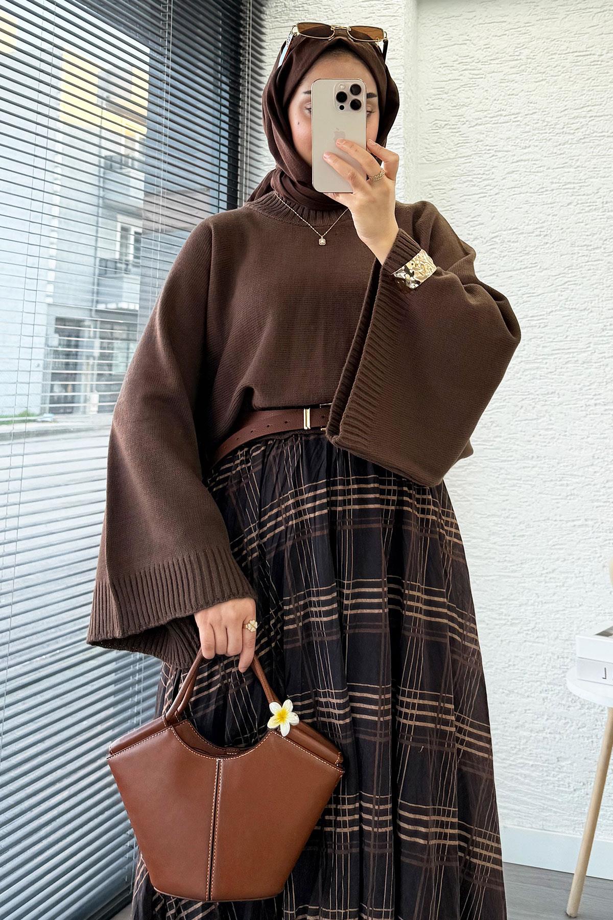 Premium Vual Ekose Desenli Lastikli Bel Kloş Etek - Kahverengi