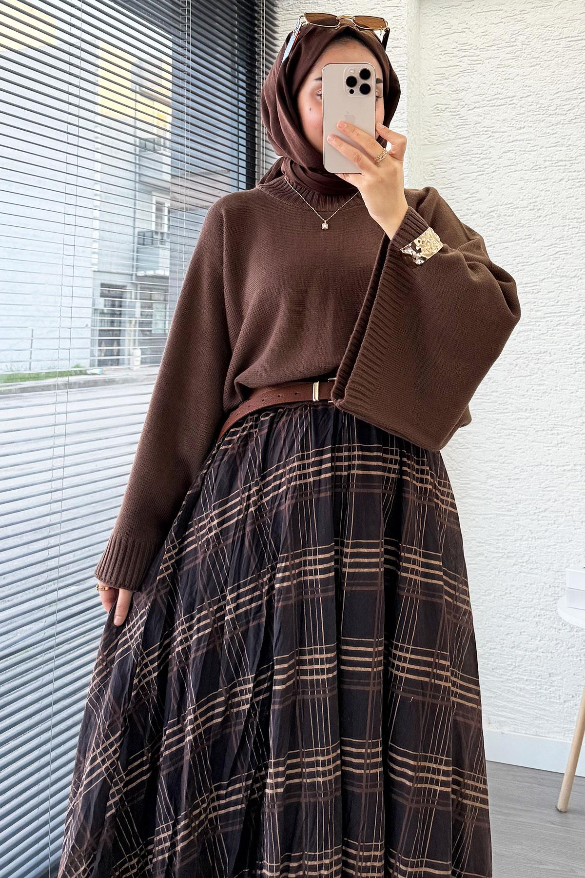 Premium Vual Ekose Desenli Lastikli Bel Kloş Etek - Kahverengi