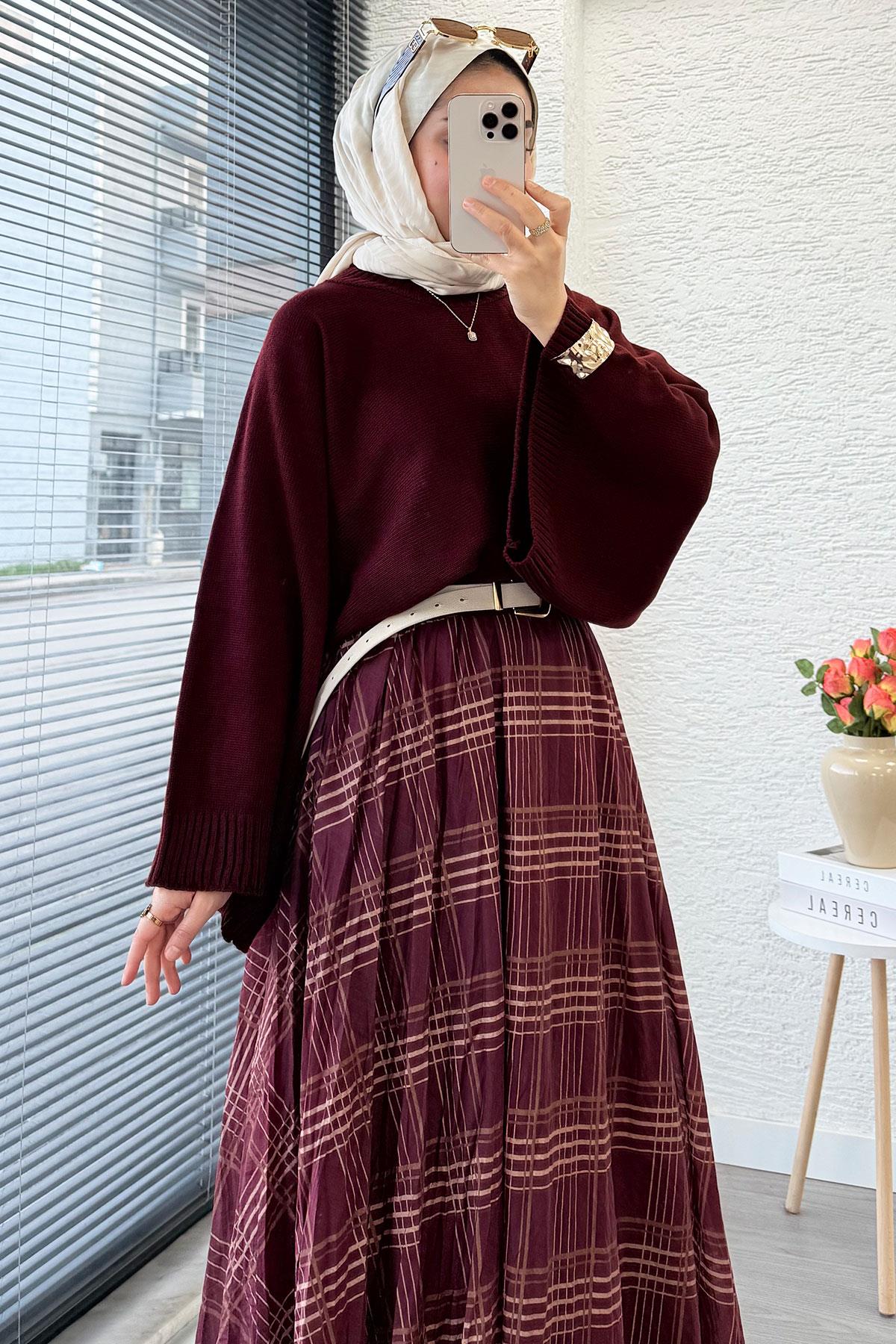 Premium Vual Ekose Desenli Lastikli Bel Kloş Etek - Bordo