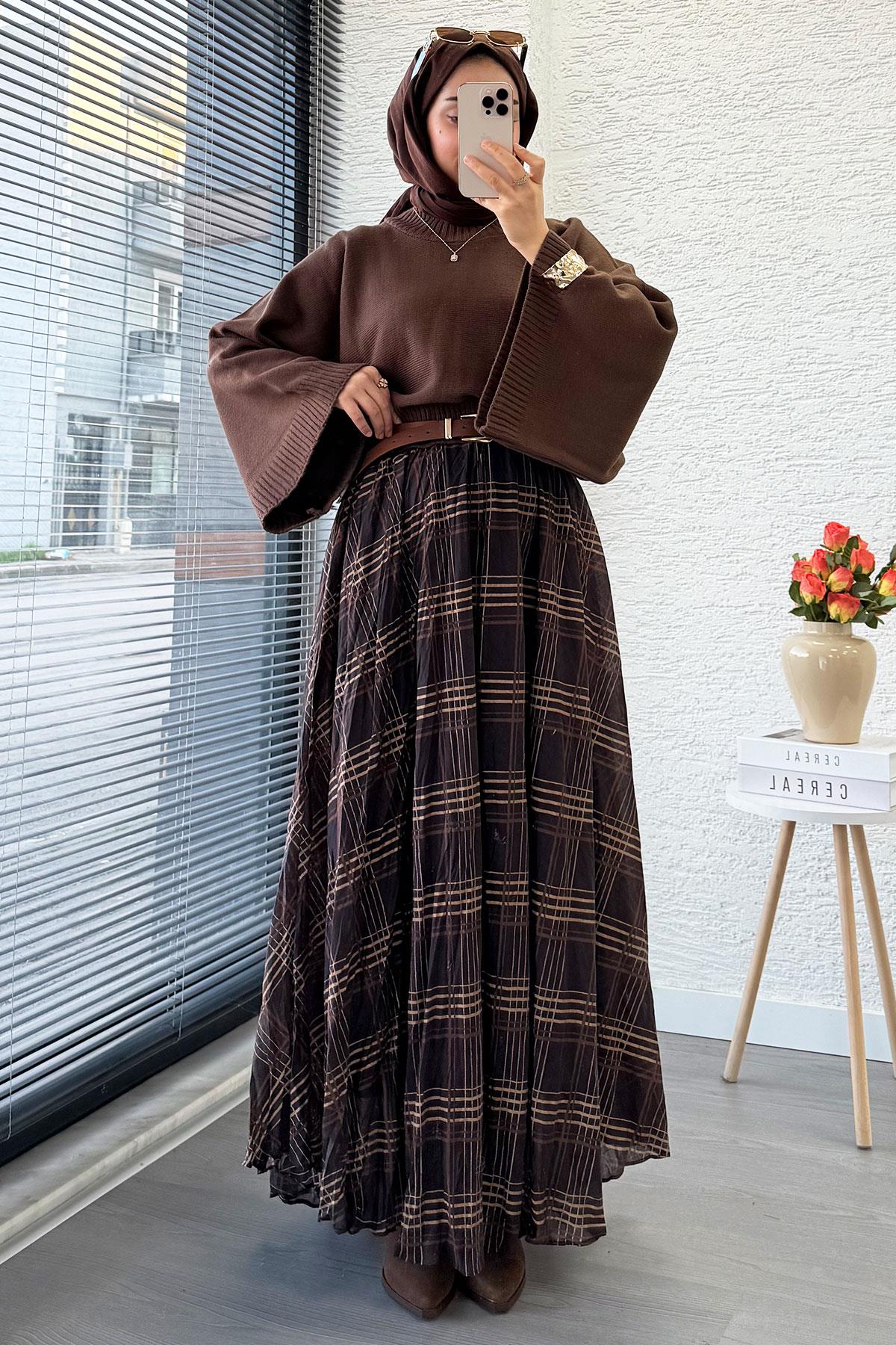 Premium Vual Ekose Desenli Lastikli Bel Kloş Etek - Kahverengi