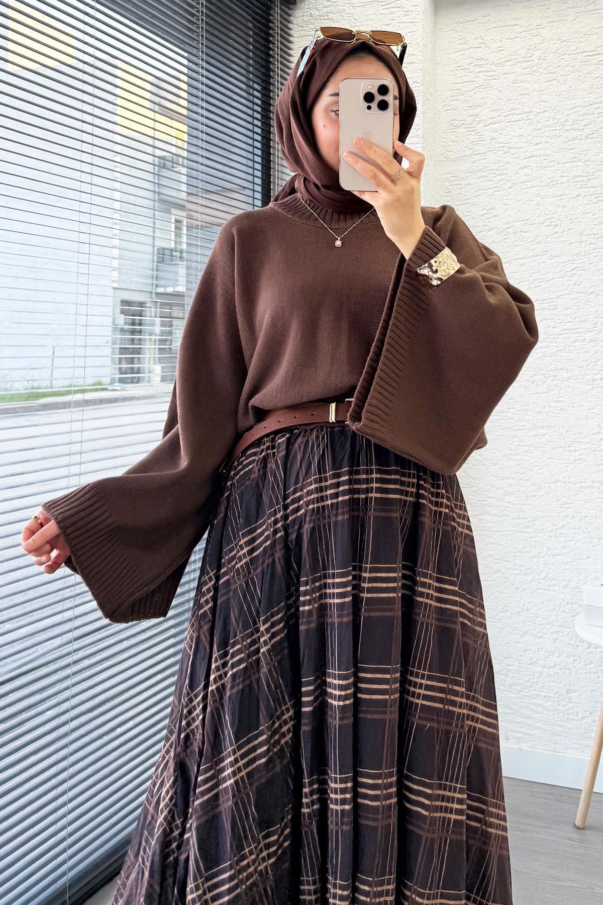 Premium Vual Ekose Desenli Lastikli Bel Kloş Etek - Kahverengi