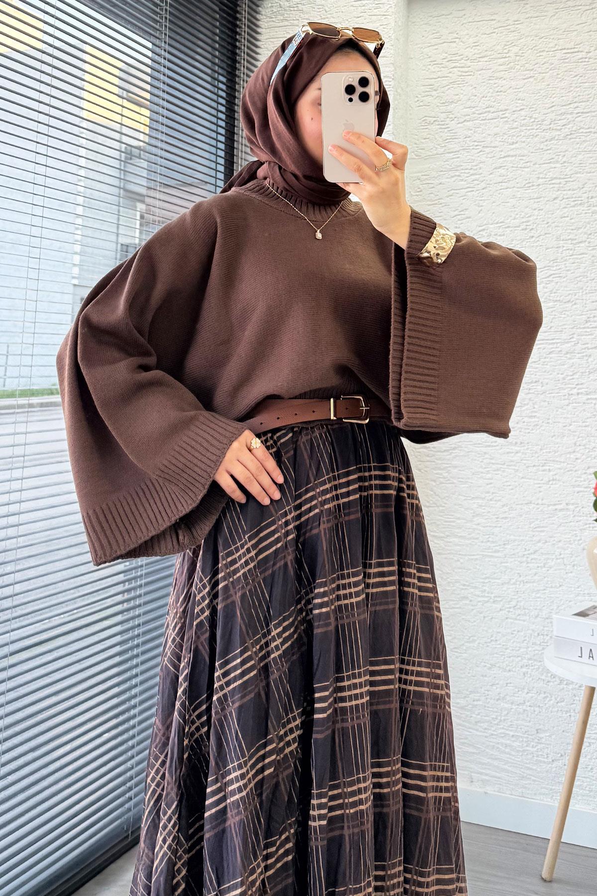 Premium Vual Ekose Desenli Lastikli Bel Kloş Etek - Kahverengi