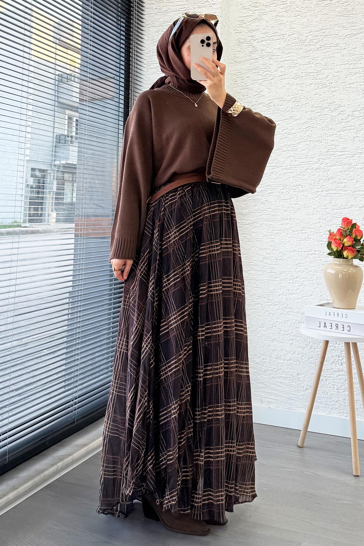 Premium Vual Ekose Desenli Lastikli Bel Kloş Etek - Kahverengi