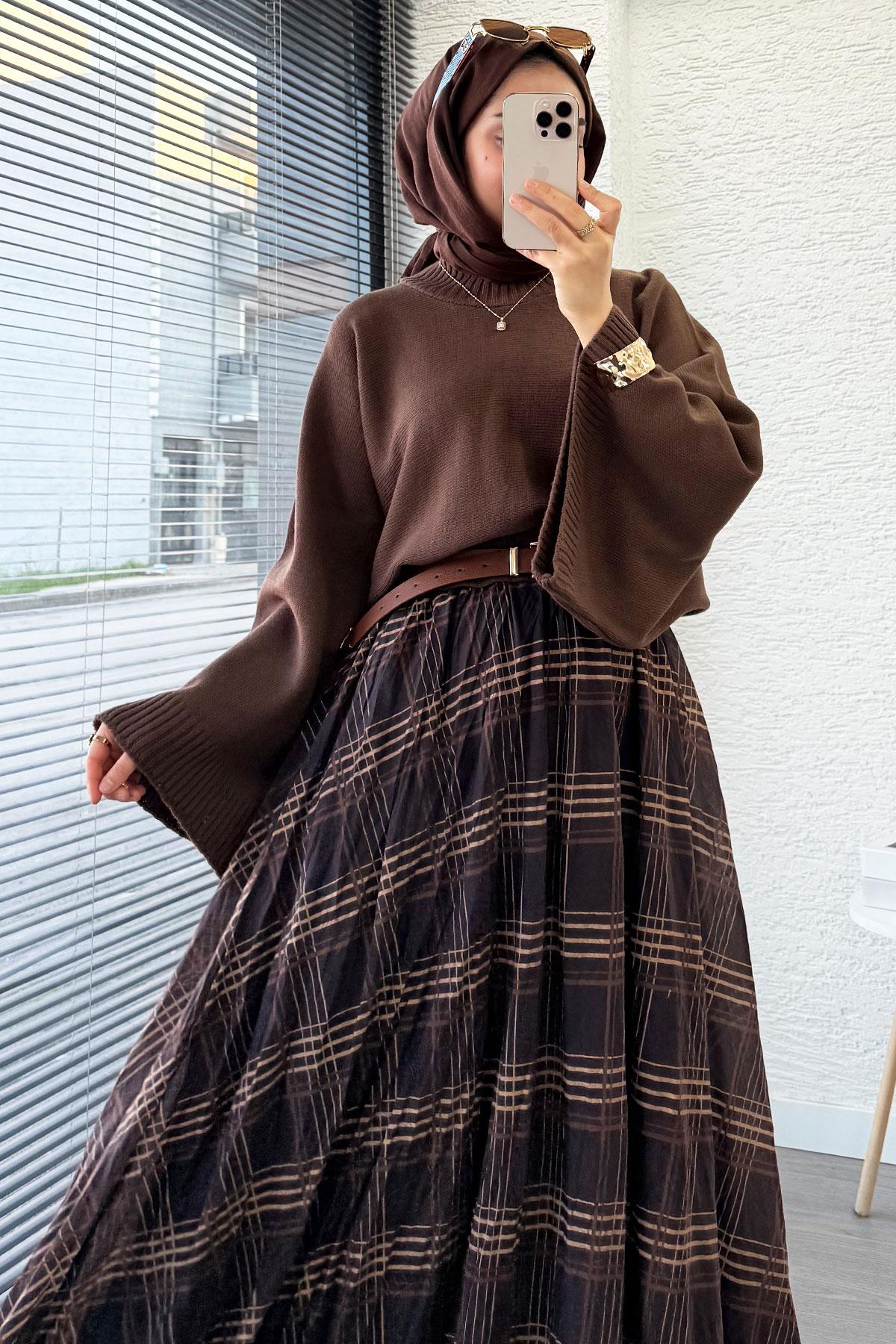 Premium Vual Ekose Desenli Lastikli Bel Kloş Etek - Kahverengi