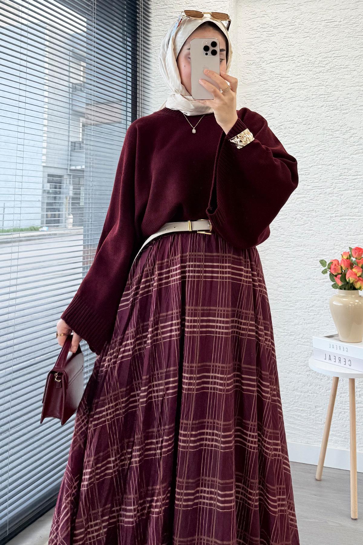 Premium Vual Ekose Desenli Lastikli Bel Kloş Etek - Bordo