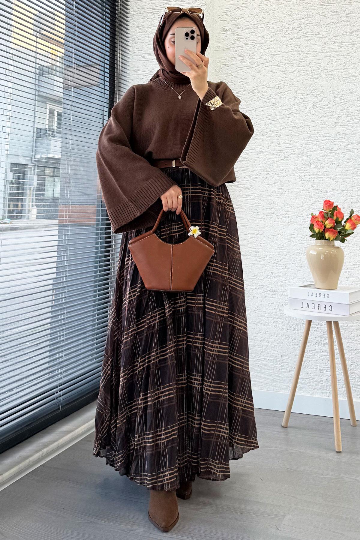 Premium Vual Ekose Desenli Lastikli Bel Kloş Etek - Kahverengi