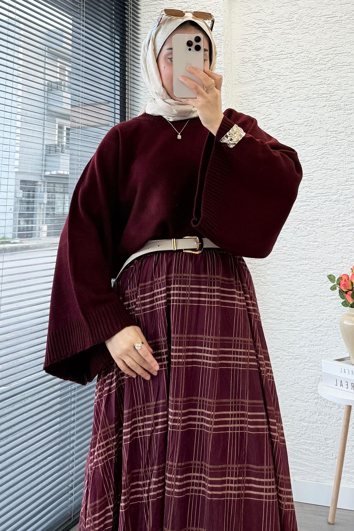 Premium Vual Ekose Desenli Lastikli Bel Kloş Etek - Bordo