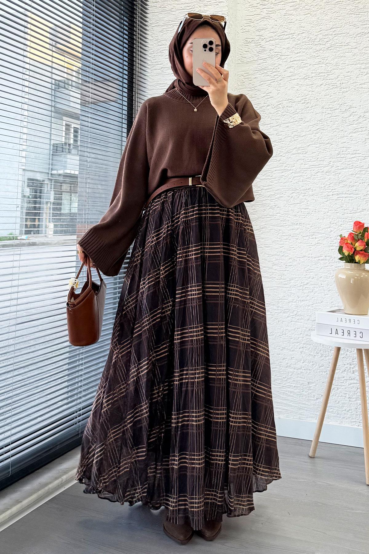 Premium Vual Ekose Desenli Lastikli Bel Kloş Etek - Kahverengi