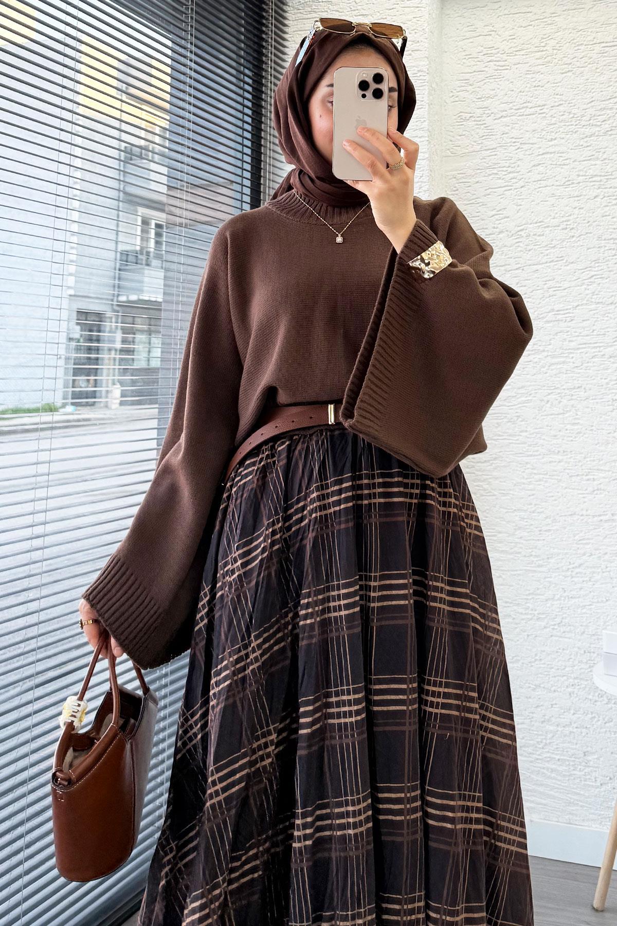 Premium Vual Ekose Desenli Lastikli Bel Kloş Etek - Kahverengi