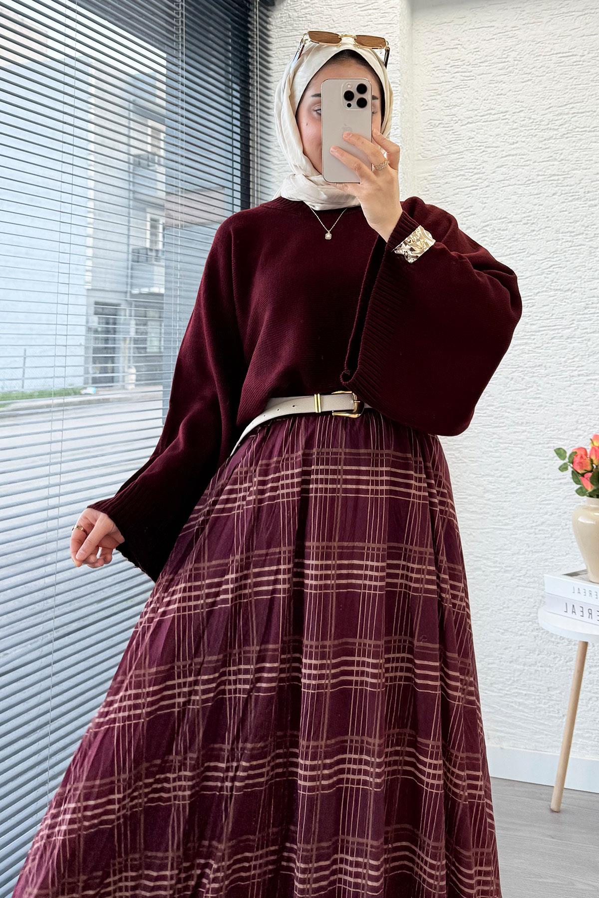 Premium Vual Ekose Desenli Lastikli Bel Kloş Etek - Bordo