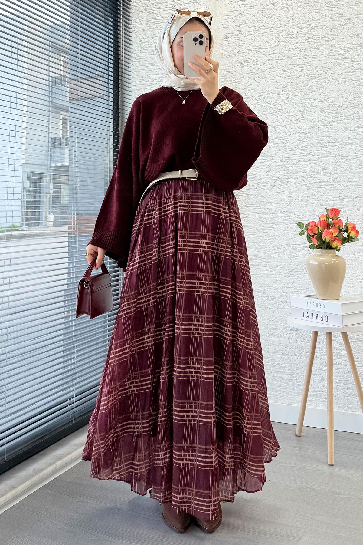 Premium Vual Ekose Desenli Lastikli Bel Kloş Etek - Bordo