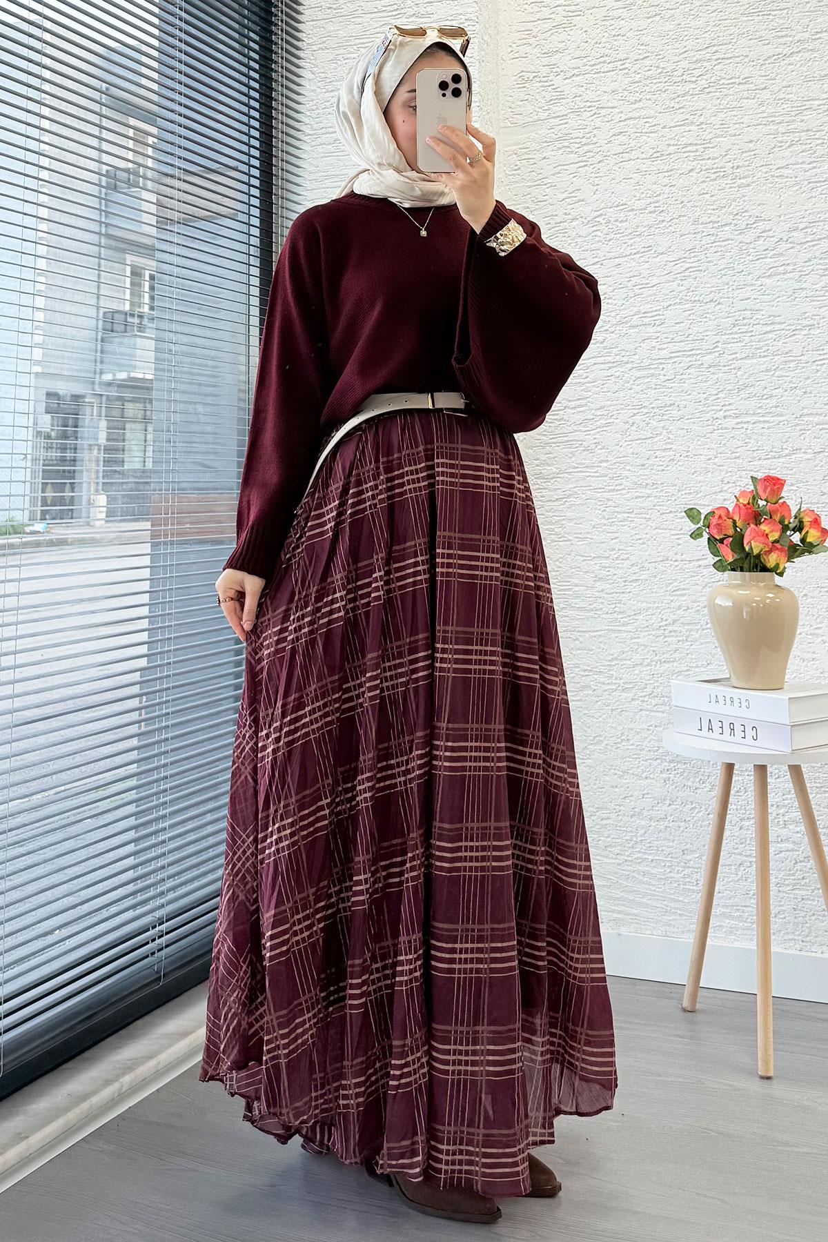 Premium Vual Ekose Desenli Lastikli Bel Kloş Etek - Bordo