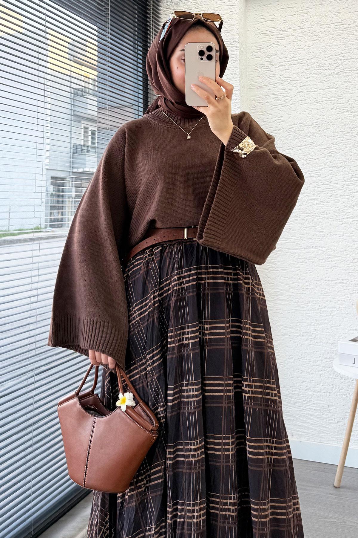 Premium Vual Ekose Desenli Lastikli Bel Kloş Etek - Kahverengi