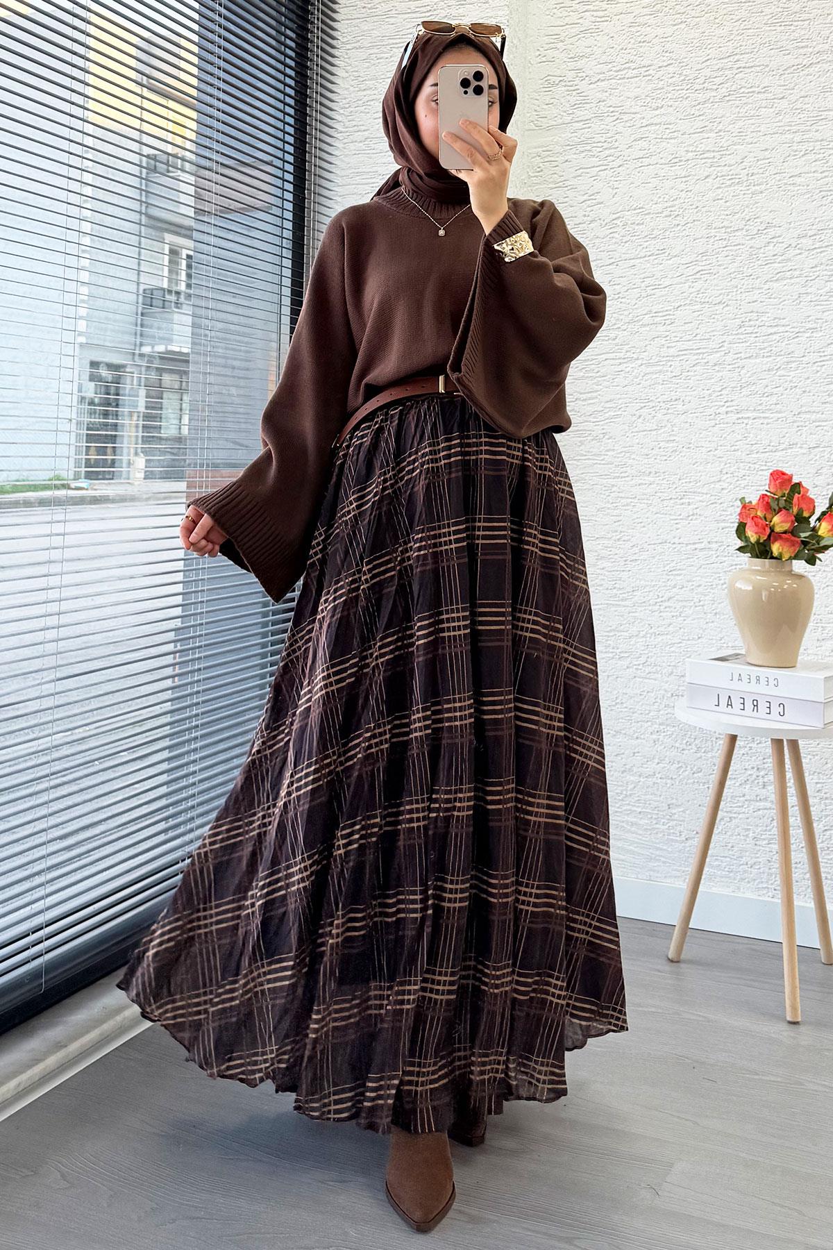 Premium Vual Ekose Desenli Lastikli Bel Kloş Etek - Kahverengi