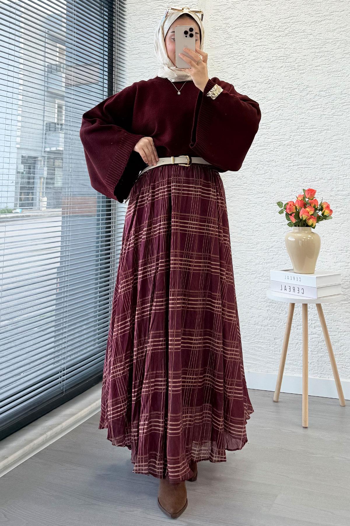 Premium Vual Ekose Desenli Lastikli Bel Kloş Etek - Bordo