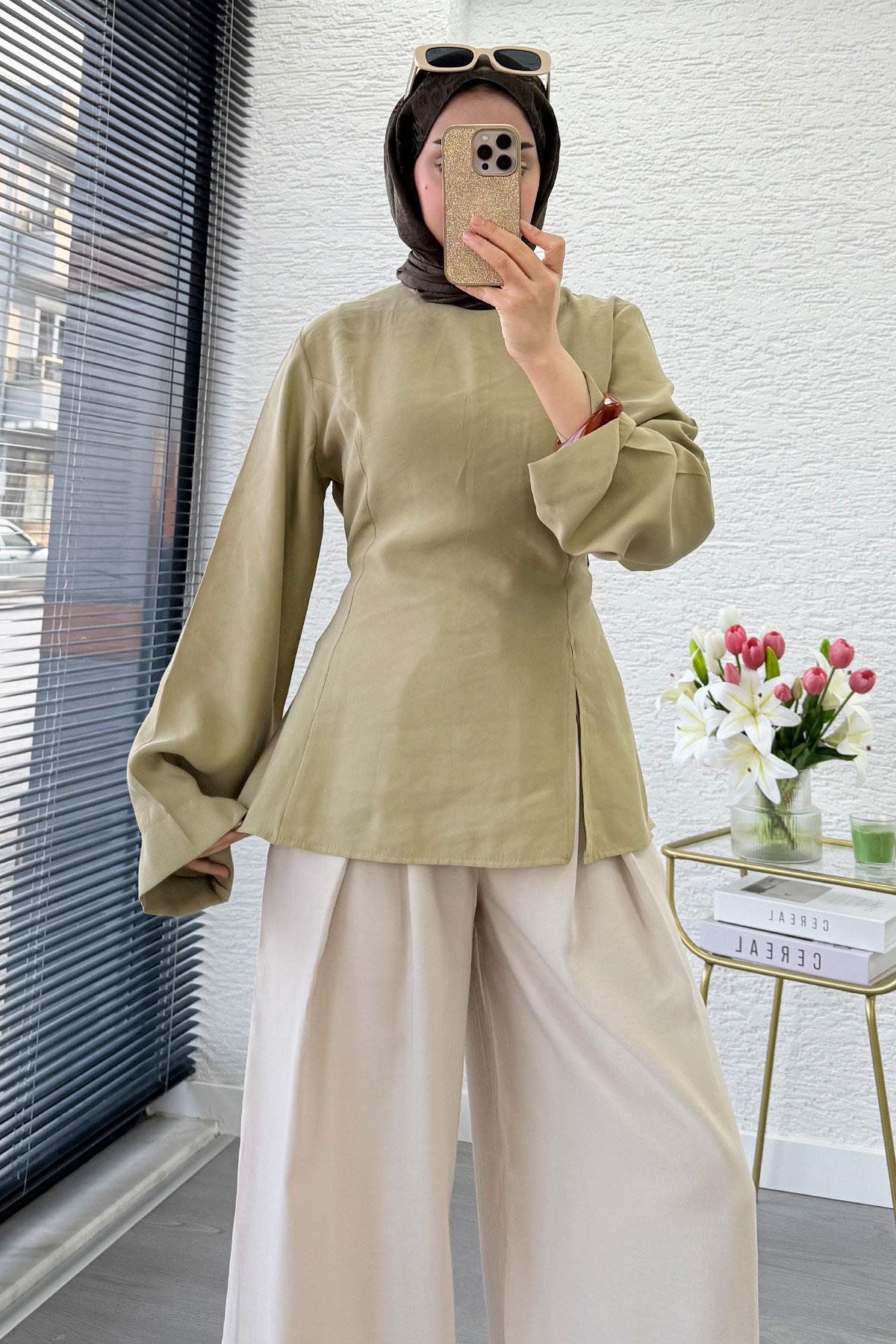 Premium Yandan Yırtmaç Detaylı Tunik - Çağla Yeşili