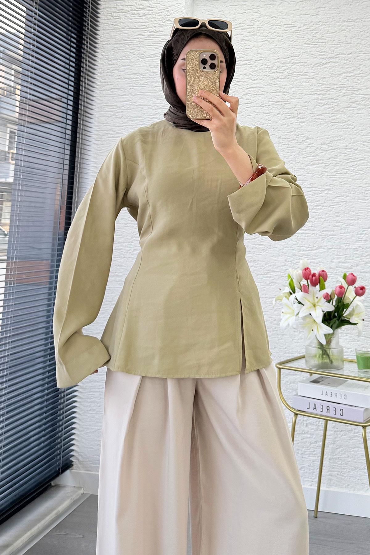 Premium Yandan Yırtmaç Detaylı Tunik - Çağla Yeşili