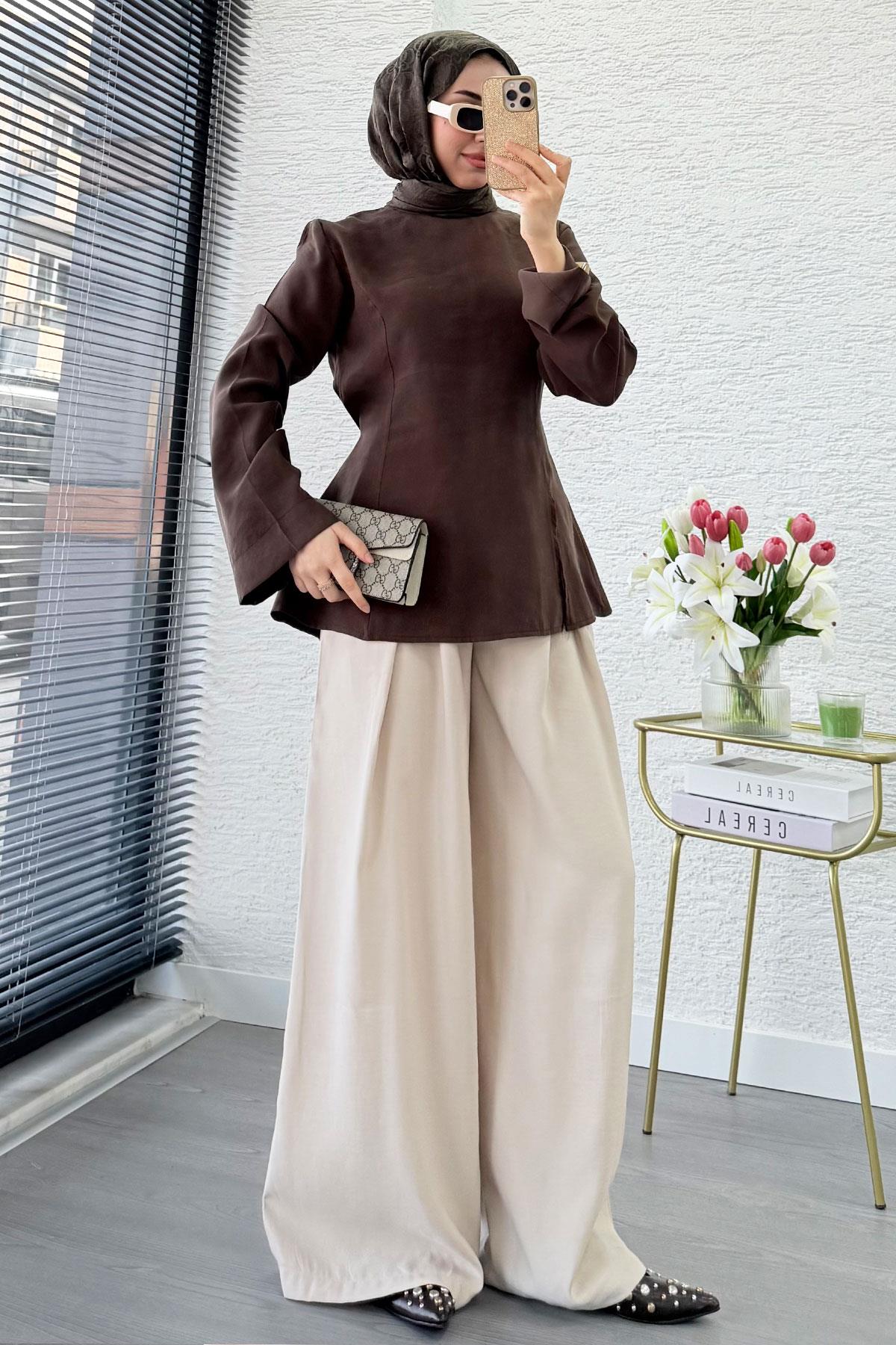 Premium Yandan Yırtmaç Detaylı Tunik - Kahverengi