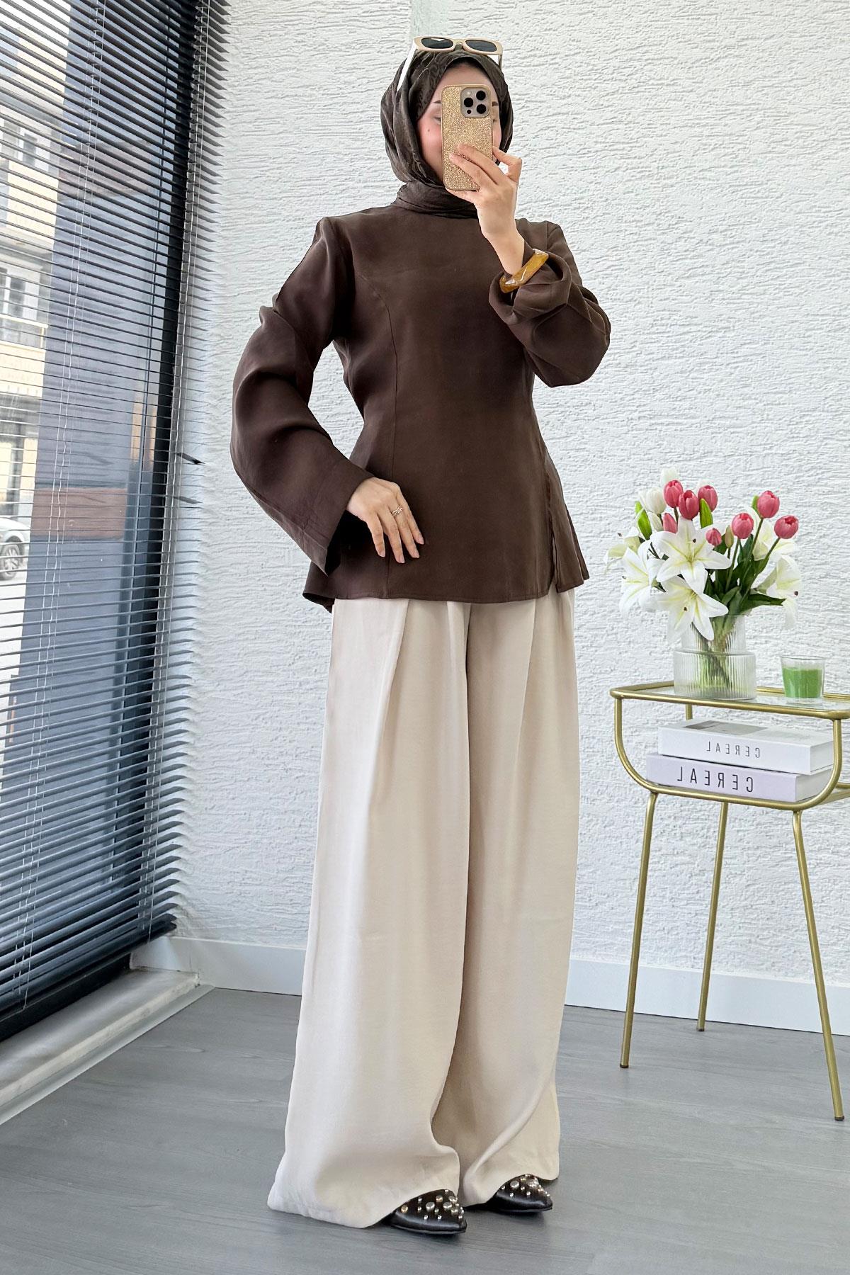 Premium Yandan Yırtmaç Detaylı Tunik - Kahverengi