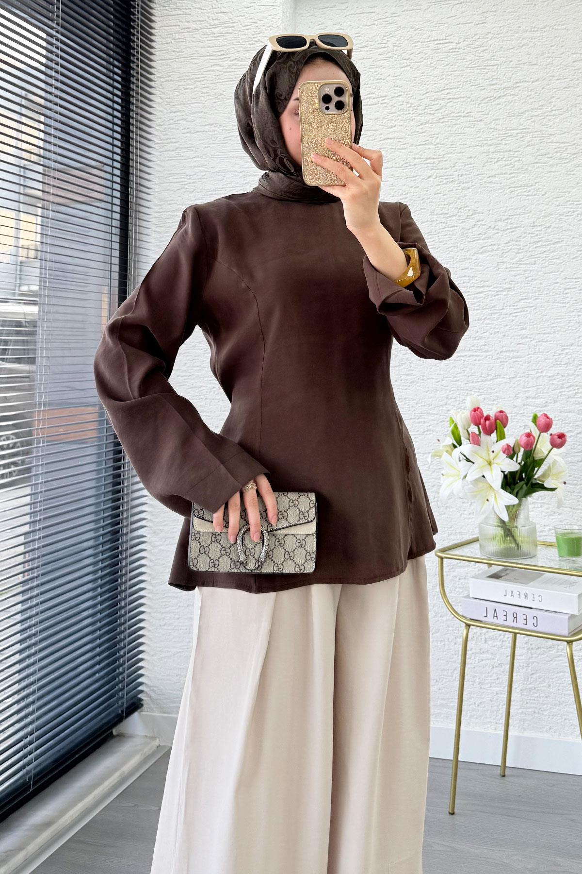 Premium Yandan Yırtmaç Detaylı Tunik - Kahverengi