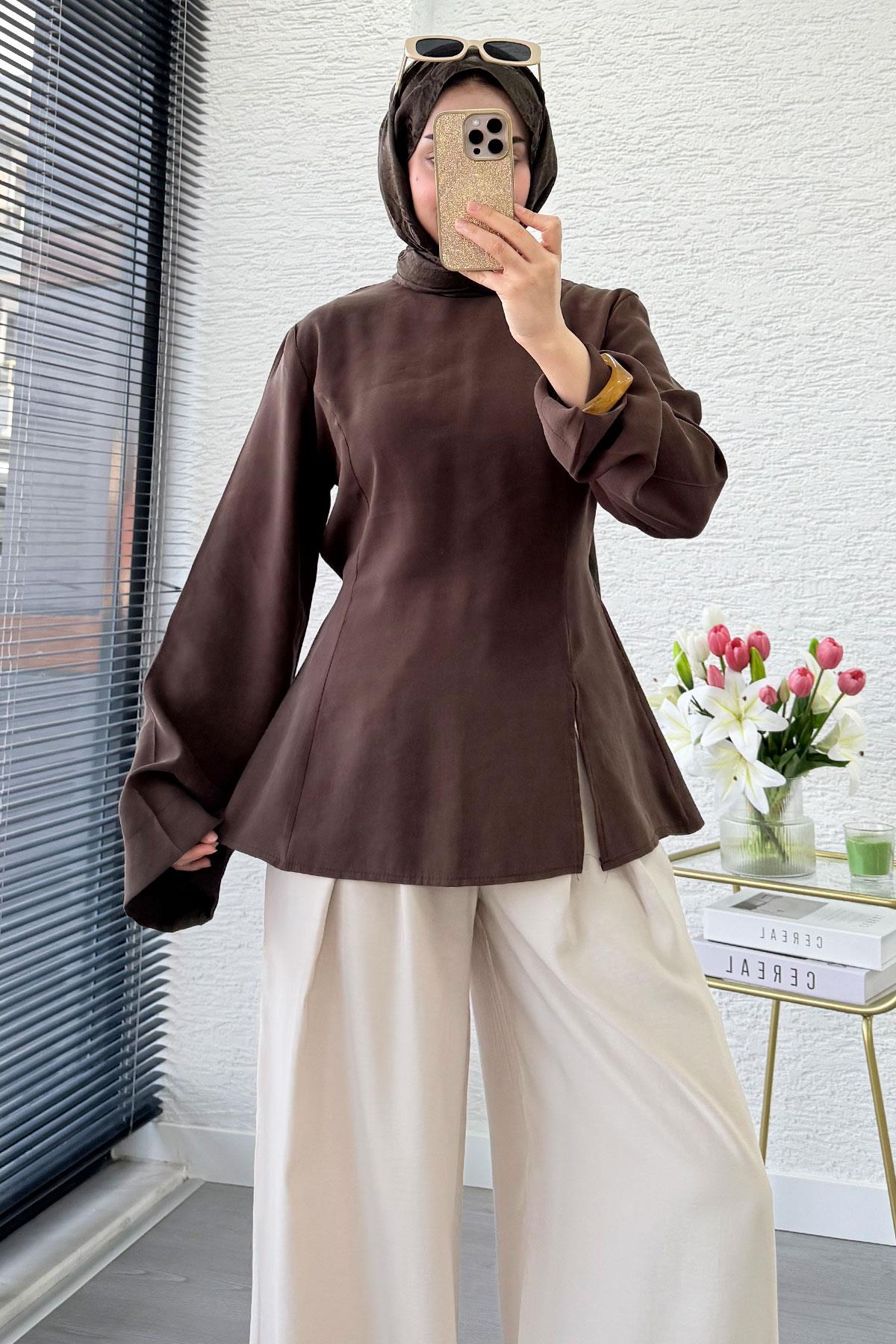 Premium Yandan Yırtmaç Detaylı Tunik - Kahverengi