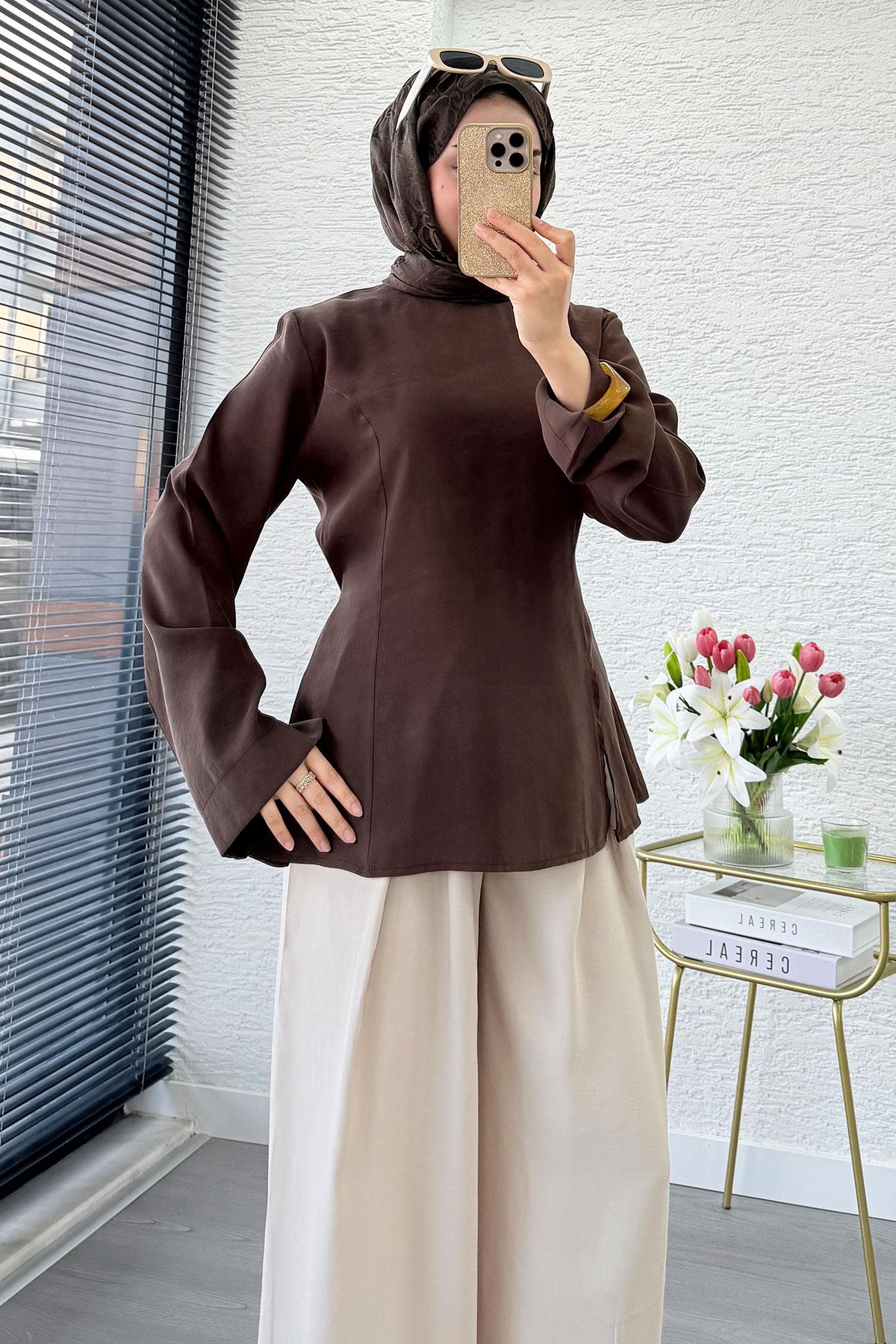 Premium Yandan Yırtmaç Detaylı Tunik - Kahverengi