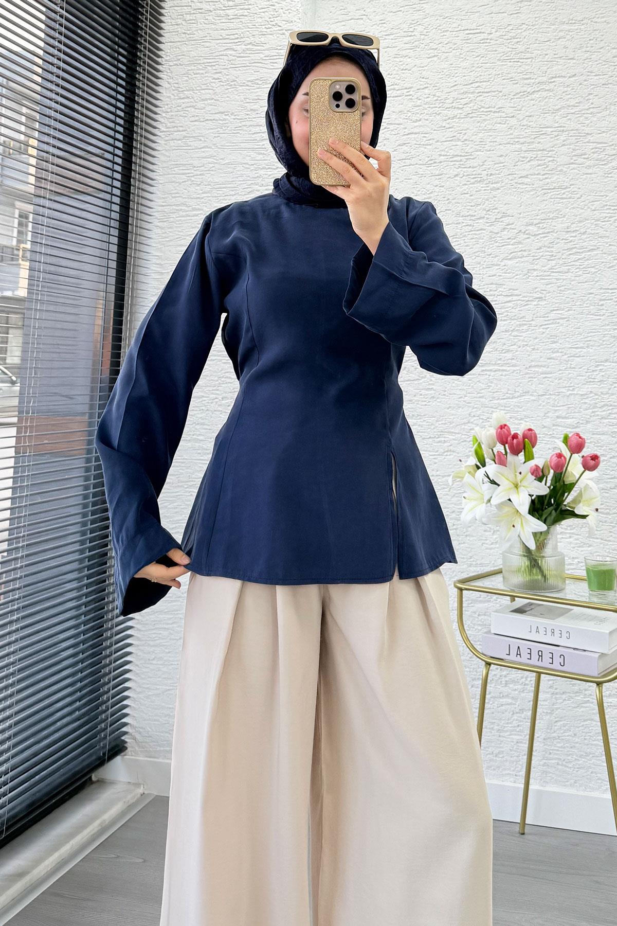 Premium Yandan Yırtmaç Detaylı Tunik - Lacivert