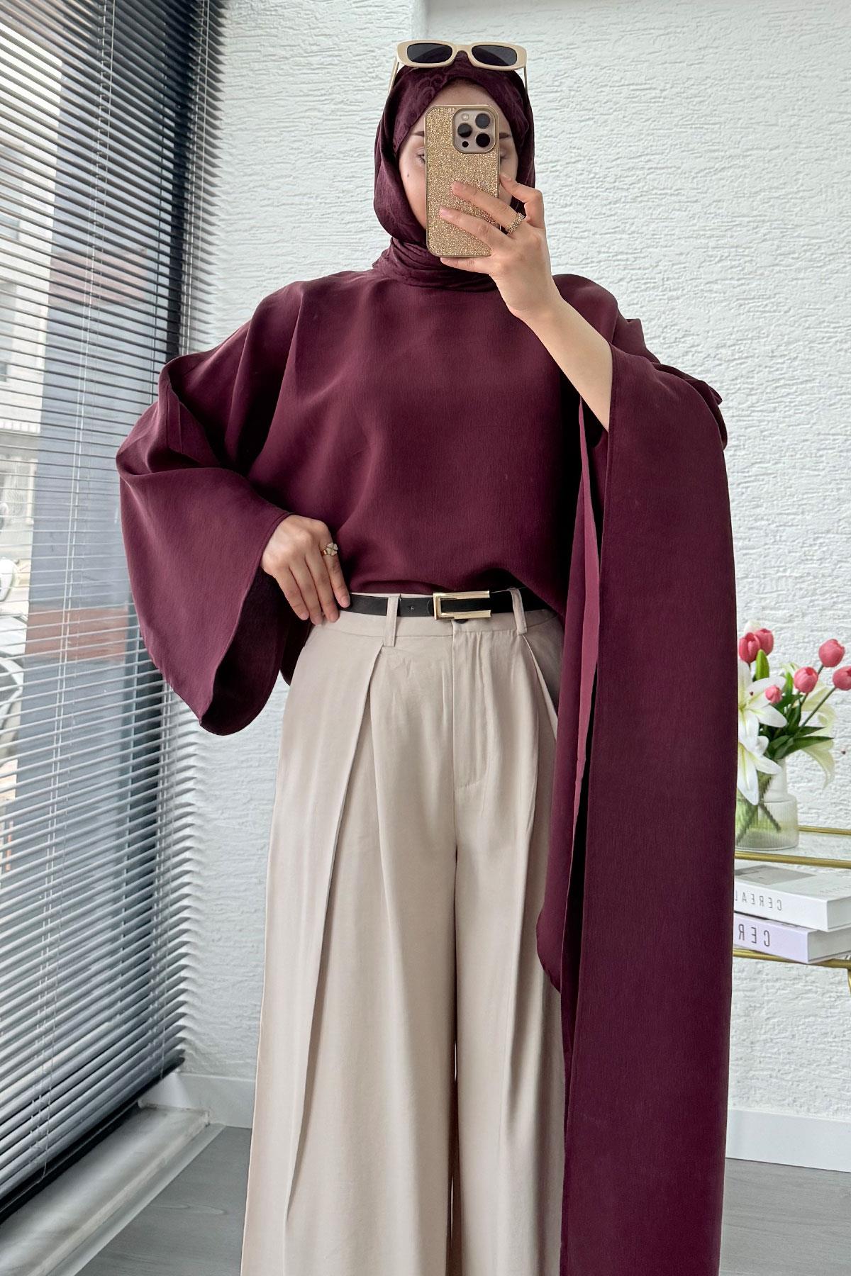 Premium Yarasa Kol Asimetrik Modal Bluz – Bordo