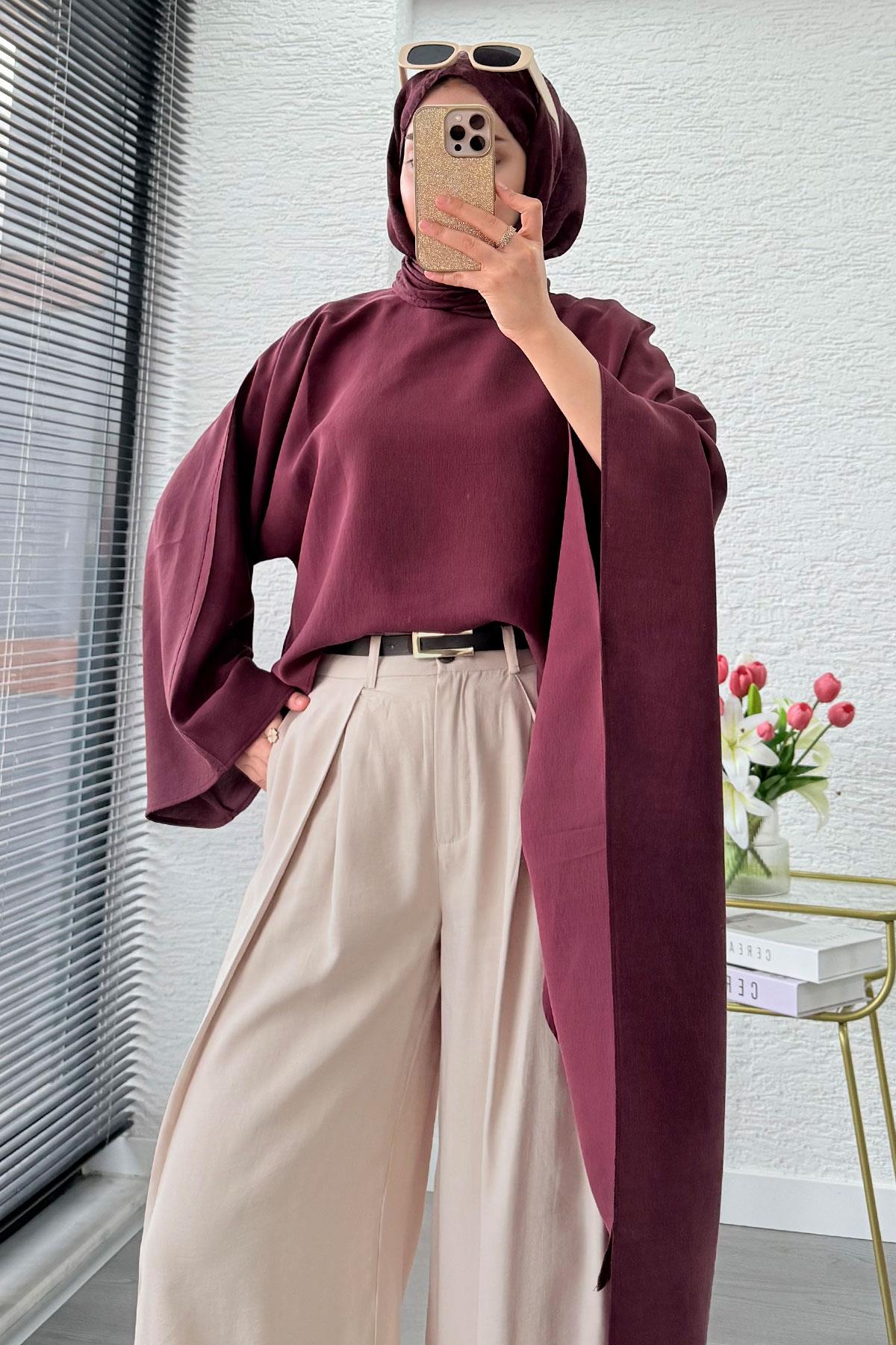 Premium Yarasa Kol Asimetrik Modal Bluz – Bordo