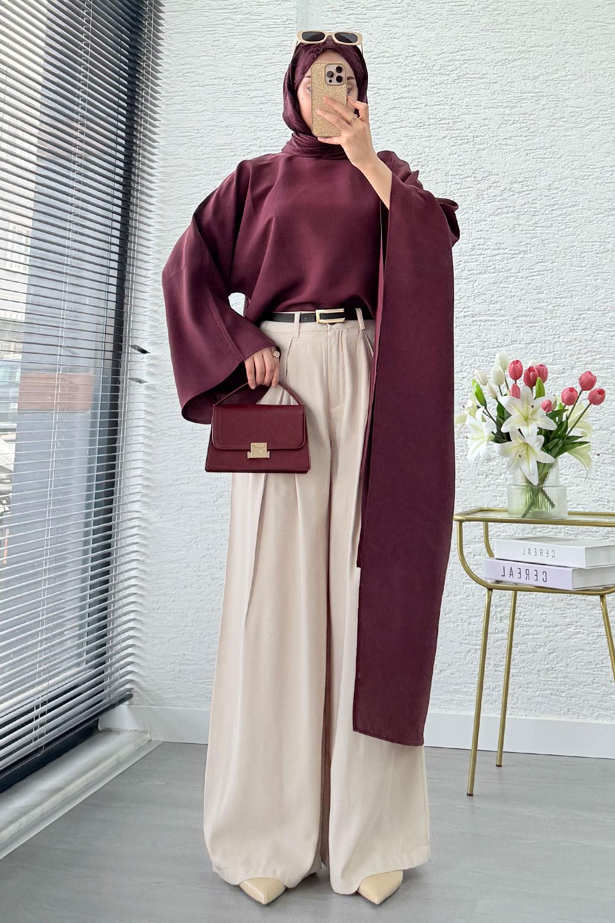 Premium Yarasa Kol Asimetrik Modal Bluz – Bordo