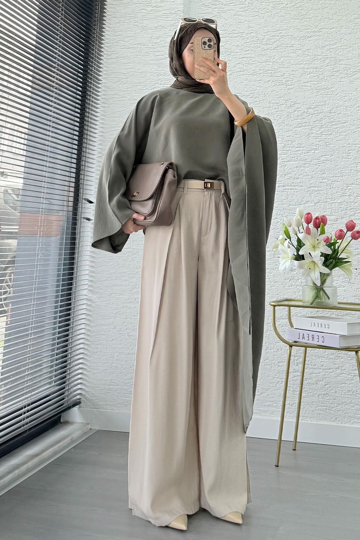 Premium Yarasa Kol Asimetrik Modal Bluz – Haki