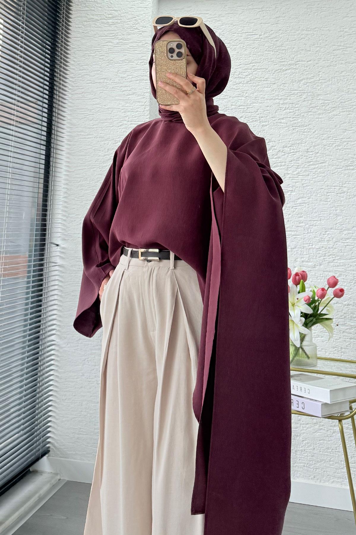 Premium Yarasa Kol Asimetrik Modal Bluz – Bordo
