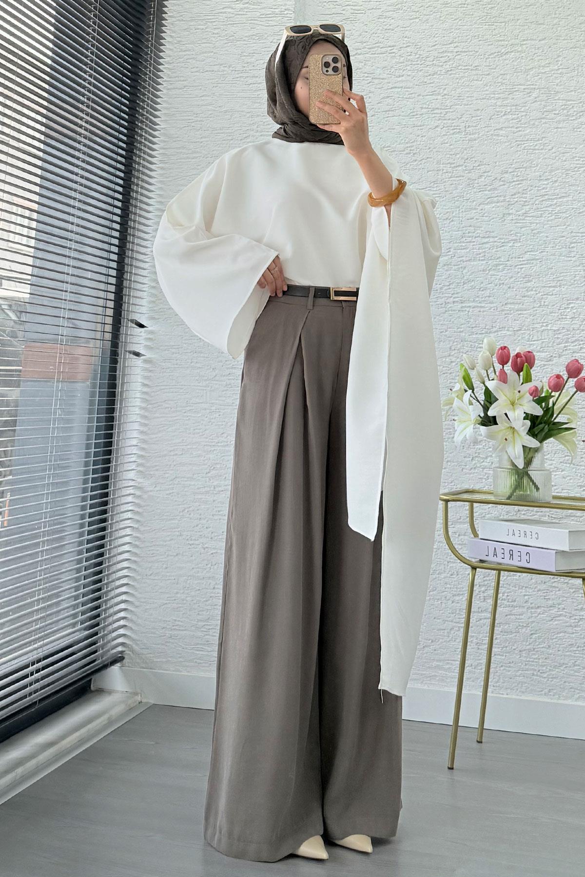 Premium Yarasa Kol Asimetrik Modal Bluz – Beyaz
