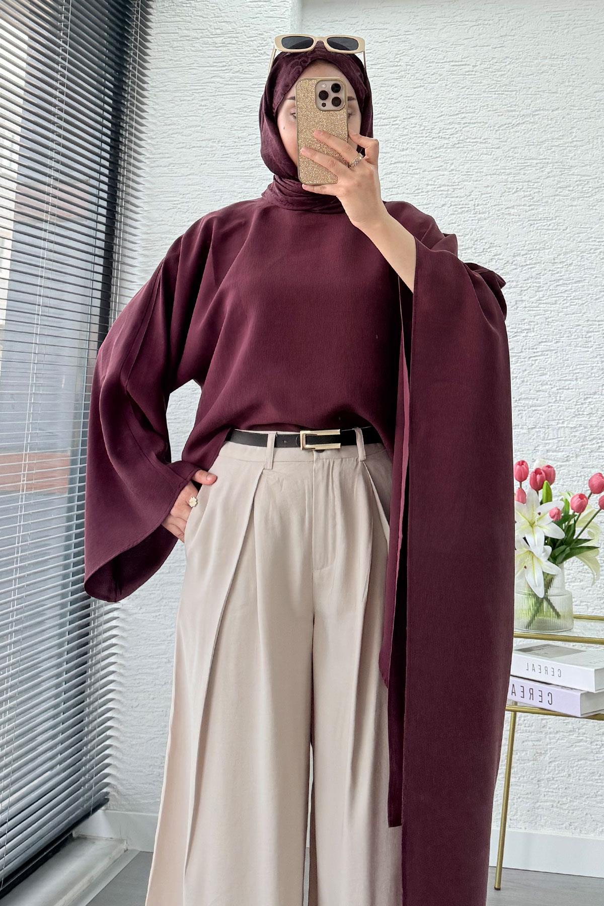 Premium Yarasa Kol Asimetrik Modal Bluz – Bordo
