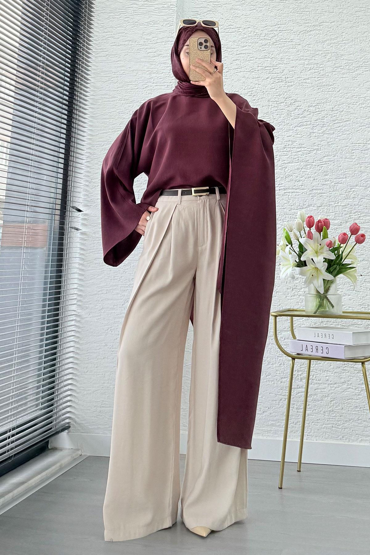 Premium Yarasa Kol Asimetrik Modal Bluz – Bordo