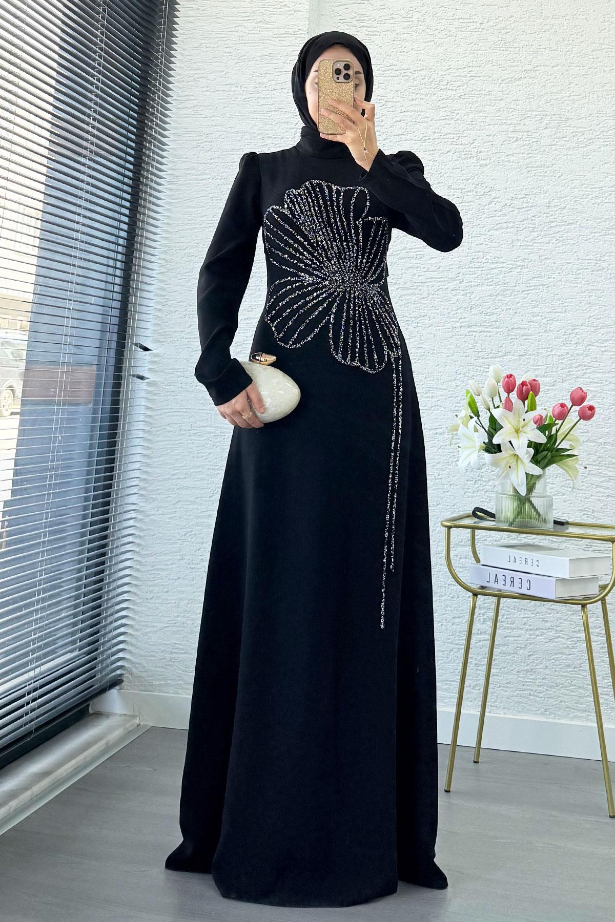 Premıum Yonca Desenli Abiye Elbise - Siyah