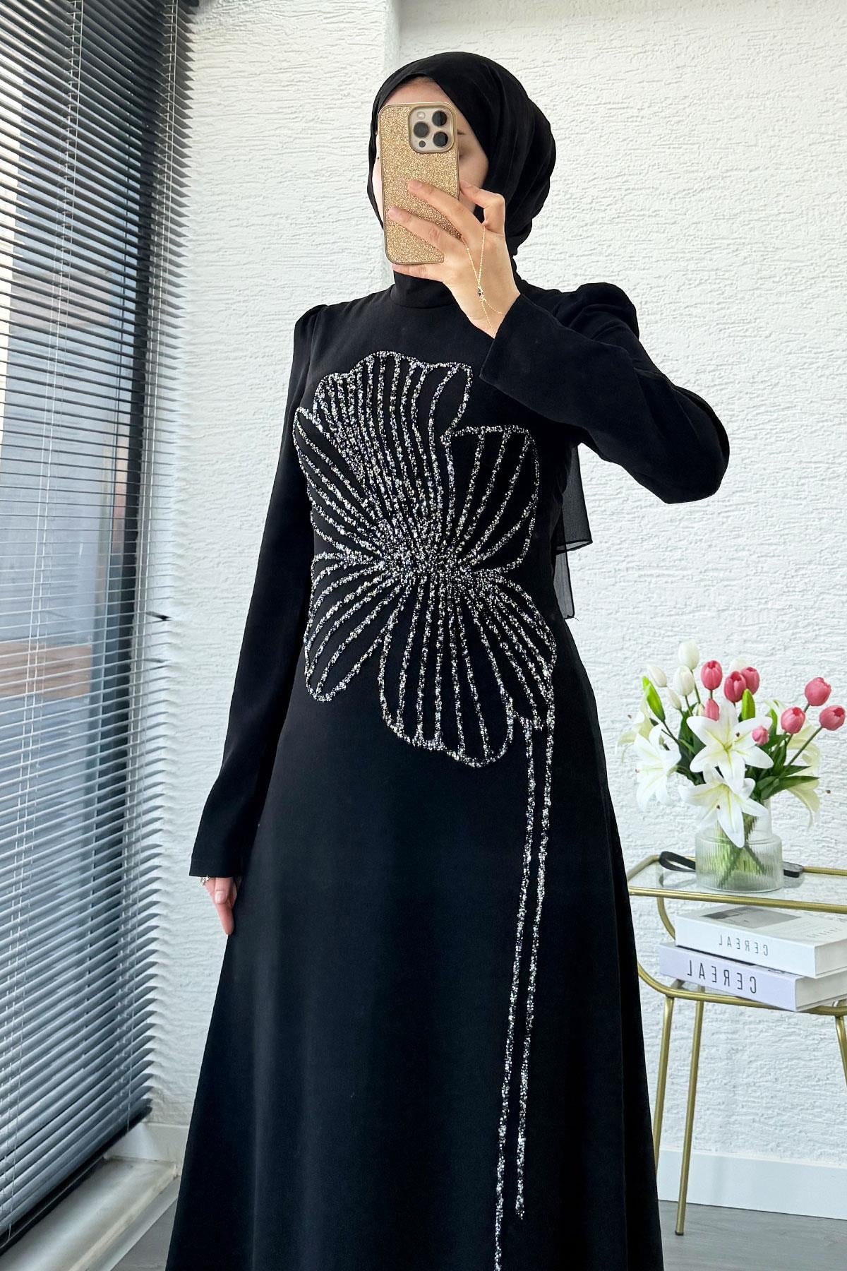 Premıum Yonca Desenli Abiye Elbise - Siyah