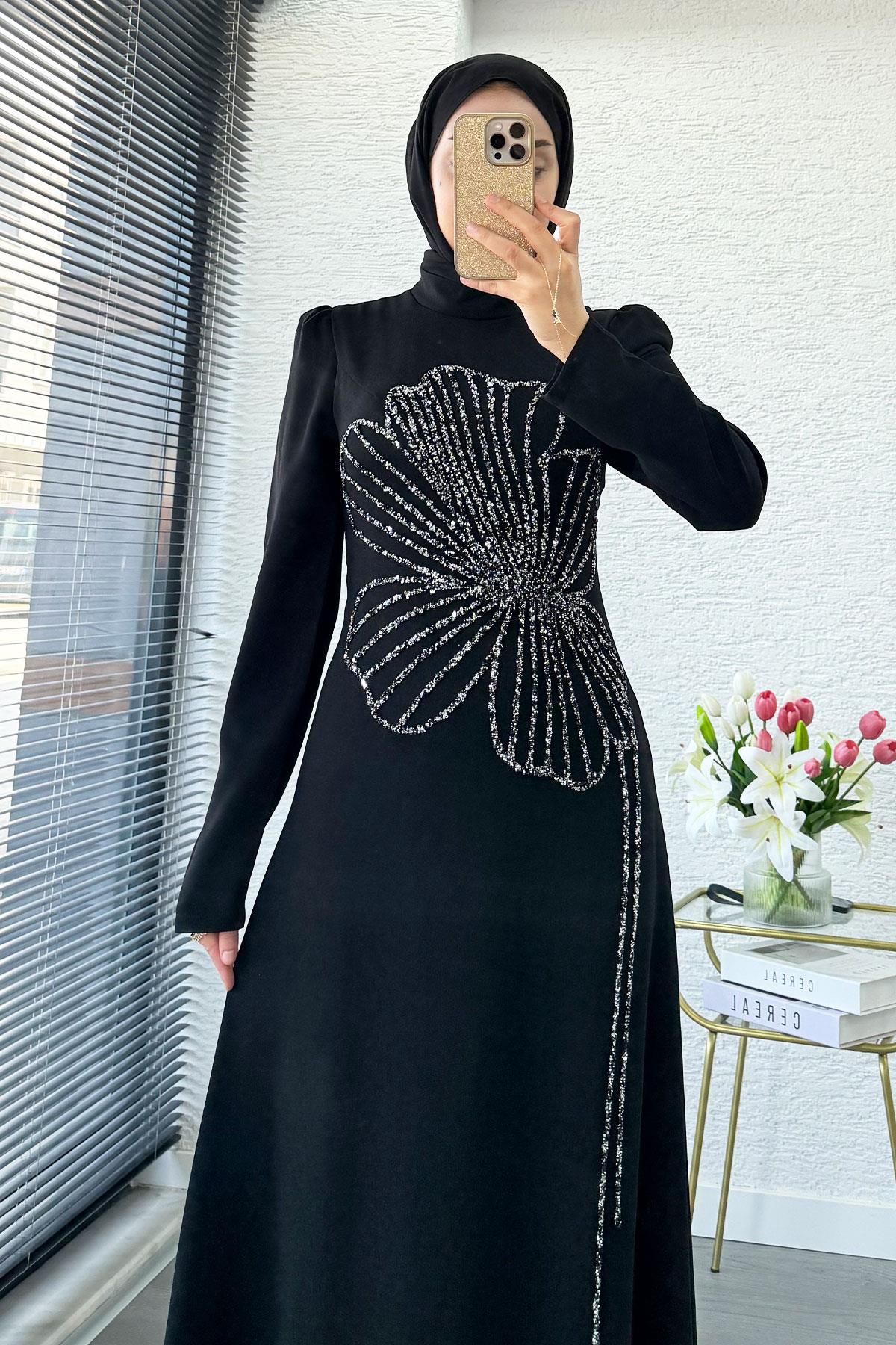 Premıum Yonca Desenli Abiye Elbise - Siyah