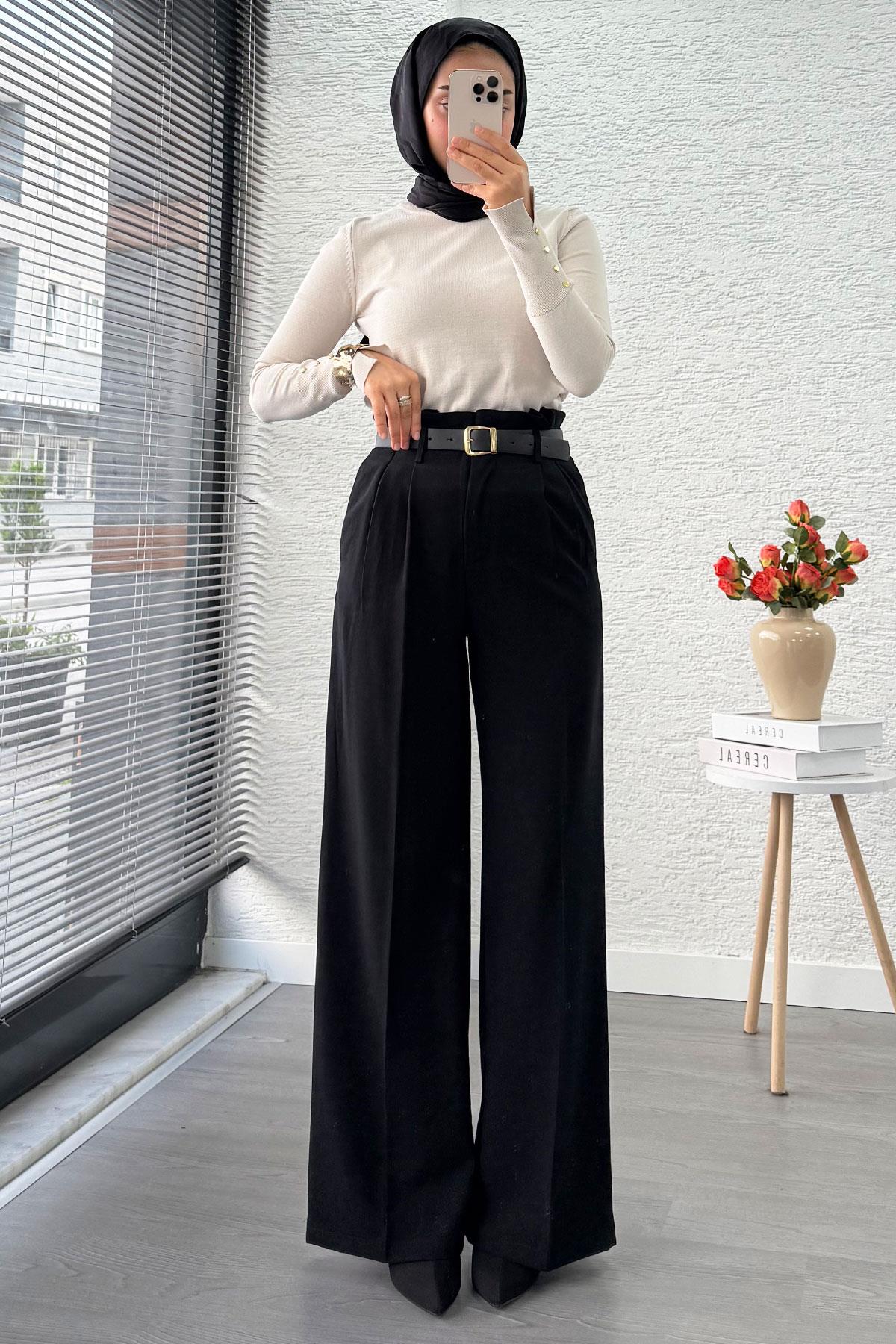 Premium Yüksek Bel Kemerli Pile Detay Palazzo Pantolon – Siyah