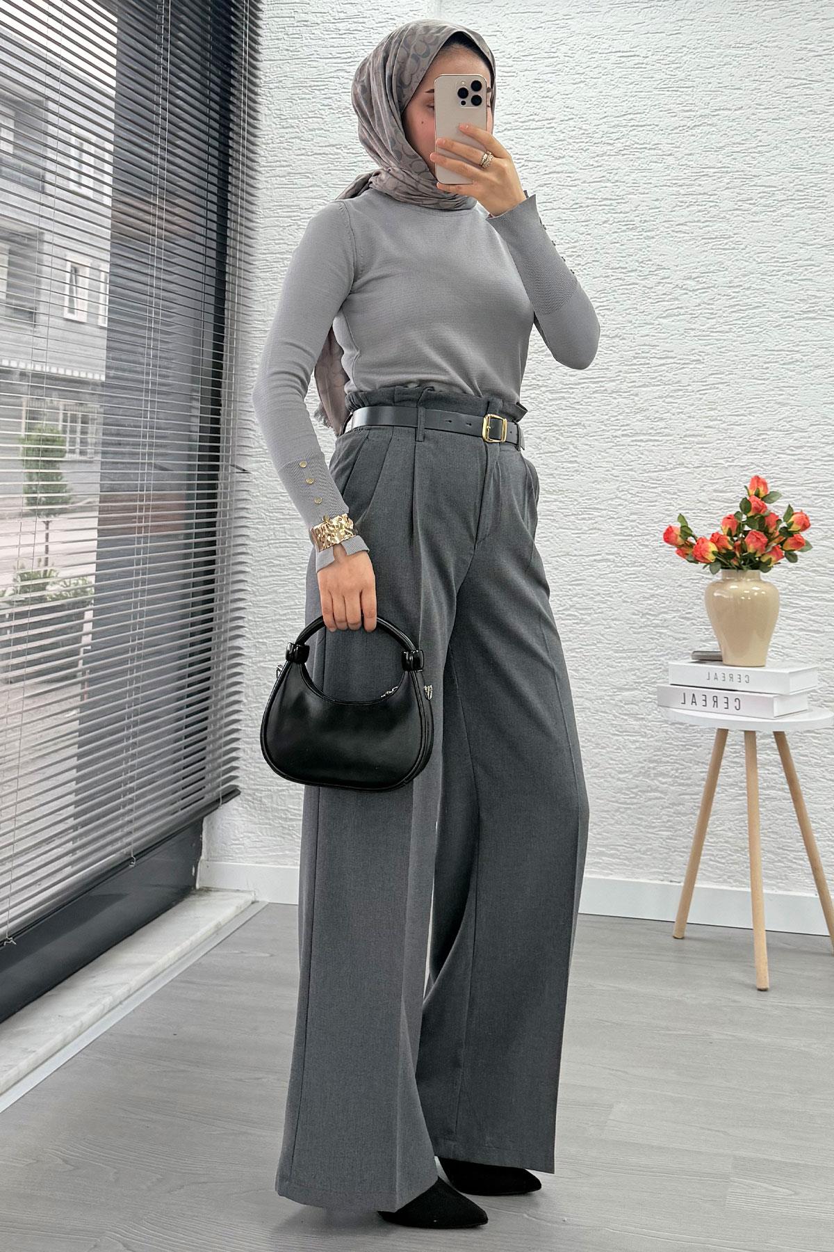 Premium Yüksek Bel Kemerli Pile Detay Palazzo Pantolon –Gri