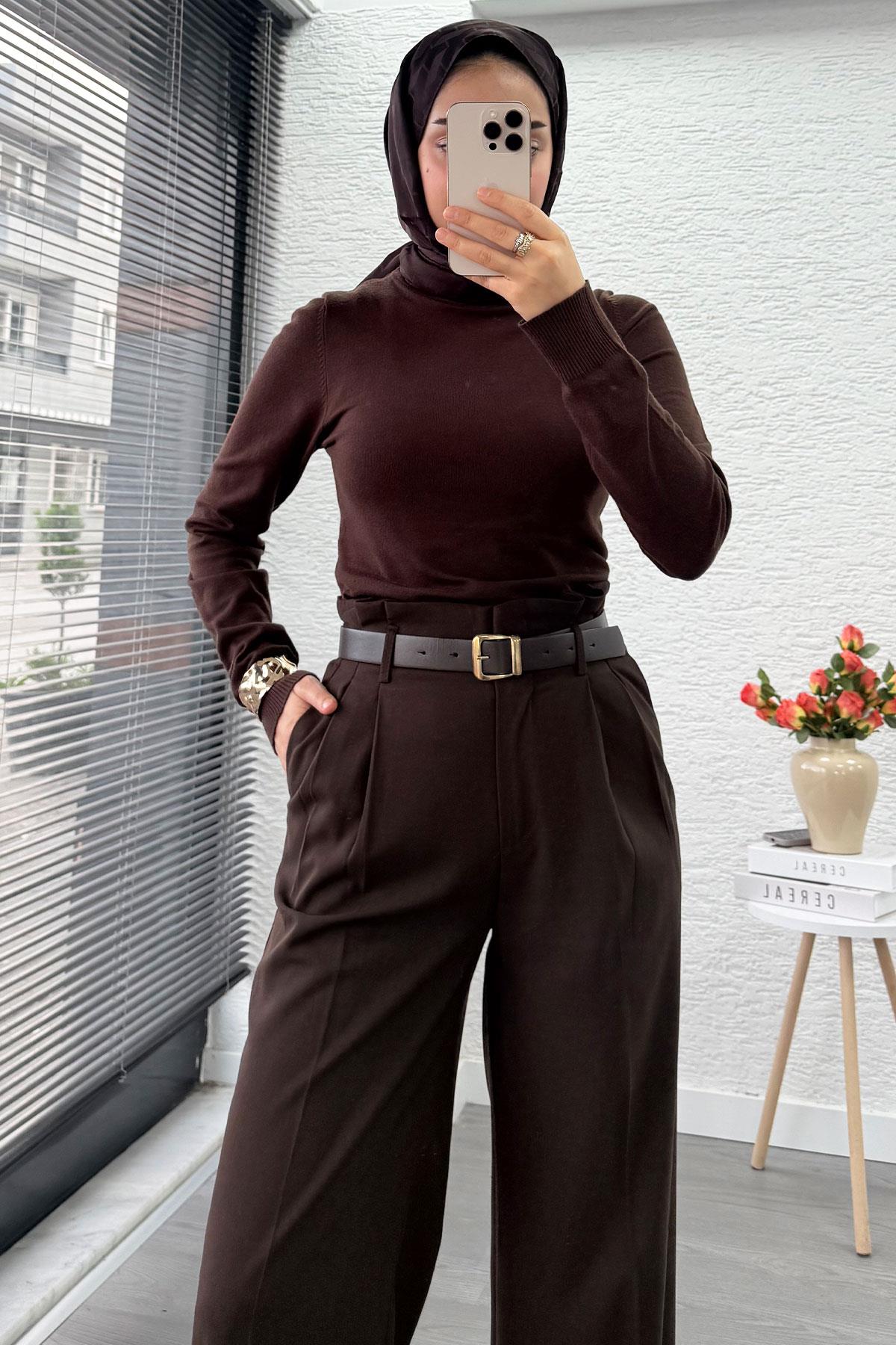 Premium Yüksek Bel Kemerli Pile Detay Palazzo Pantolon – Kahverengi