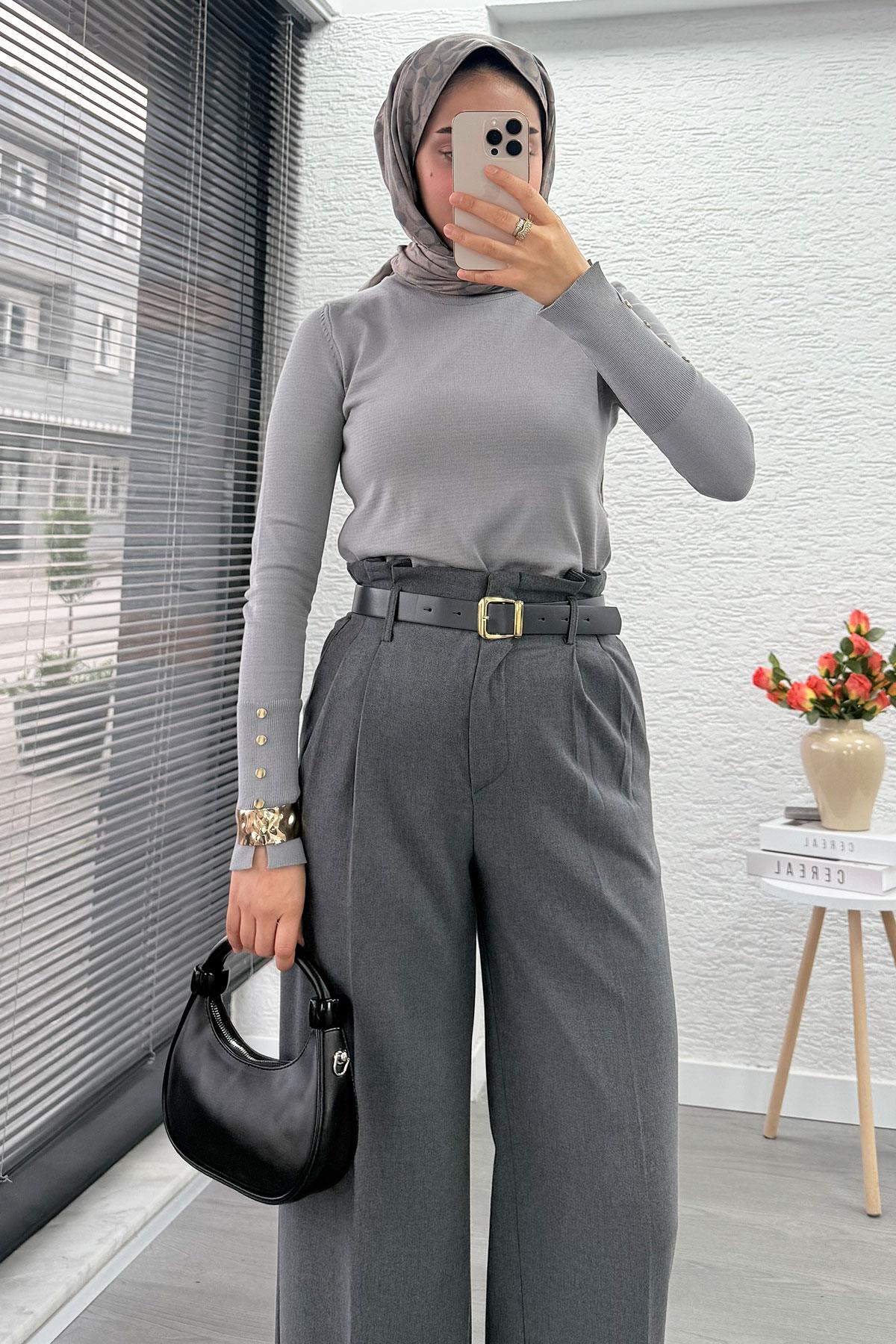 Premium Yüksek Bel Kemerli Pile Detay Palazzo Pantolon –Gri