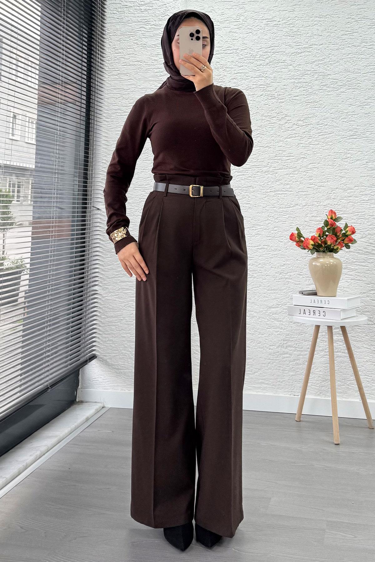 Premium Yüksek Bel Kemerli Pile Detay Palazzo Pantolon – Kahverengi