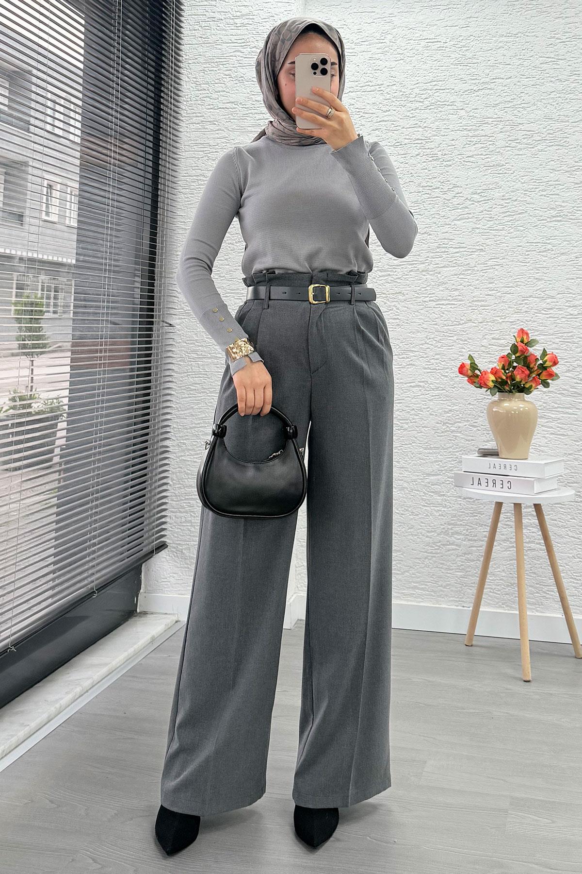 Premium Yüksek Bel Kemerli Pile Detay Palazzo Pantolon –Gri