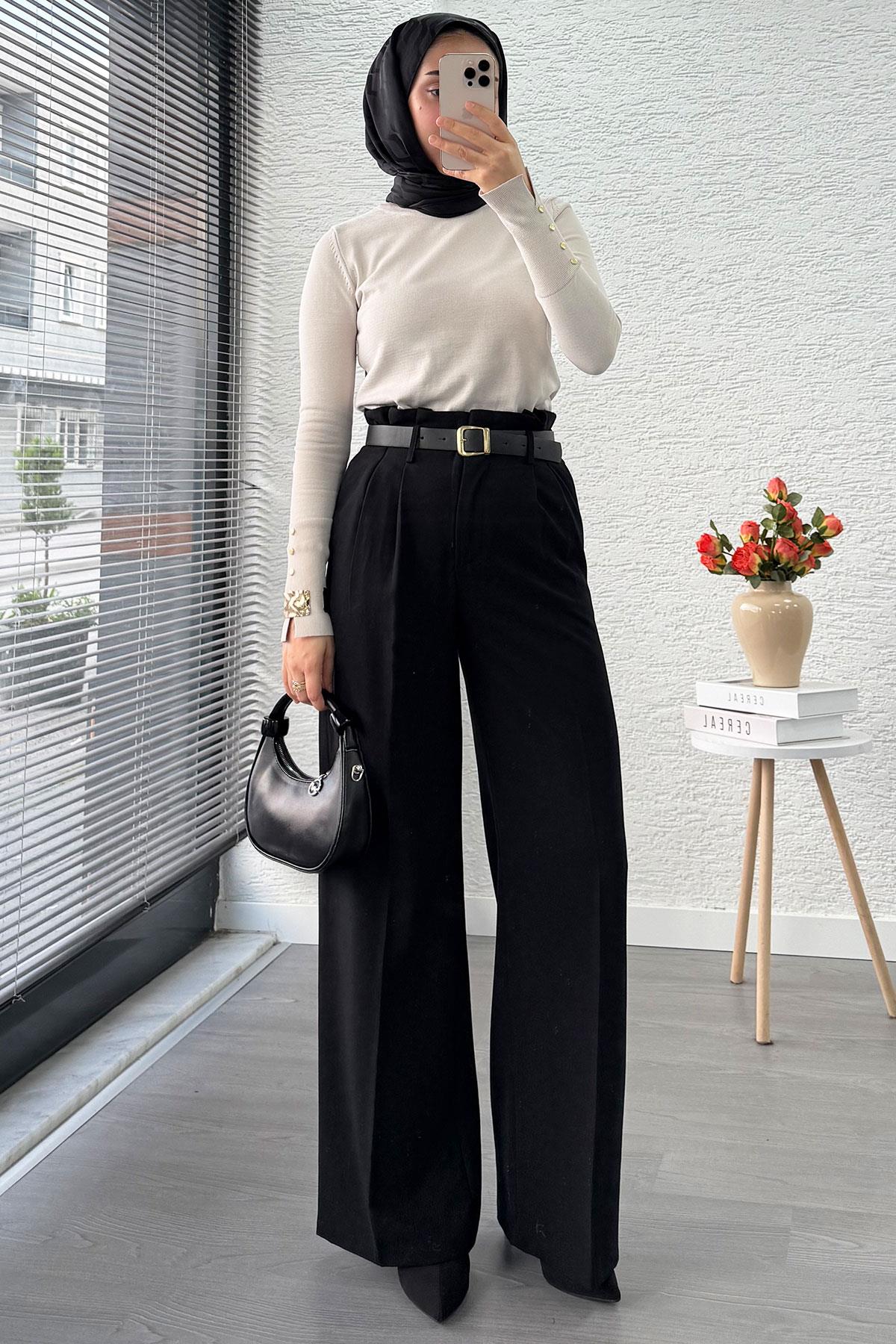 Premium Yüksek Bel Kemerli Pile Detay Palazzo Pantolon – Siyah