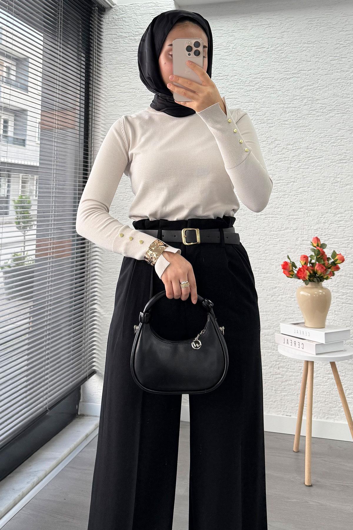 Premium Yüksek Bel Kemerli Pile Detay Palazzo Pantolon – Siyah