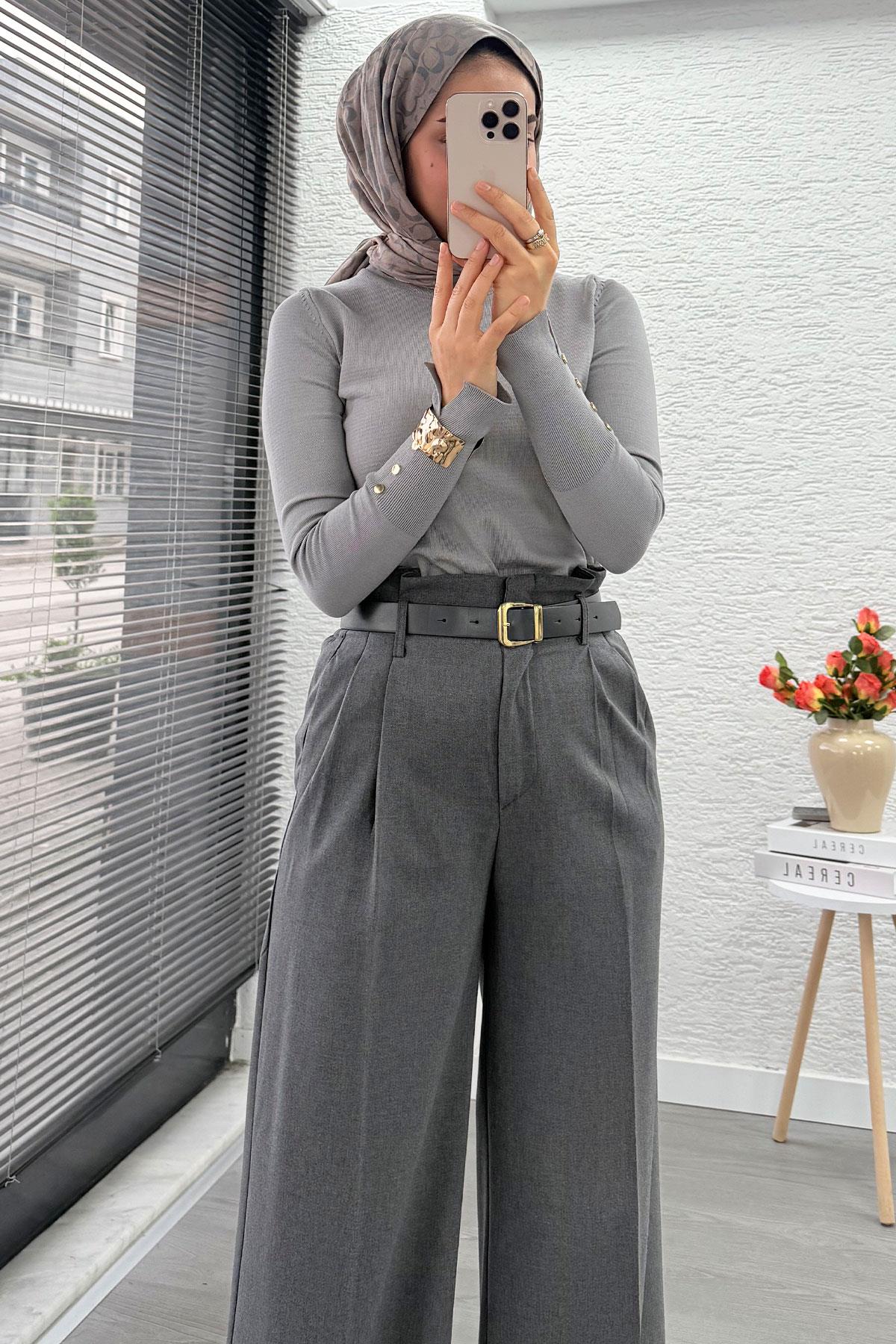 Premium Yüksek Bel Kemerli Pile Detay Palazzo Pantolon –Gri