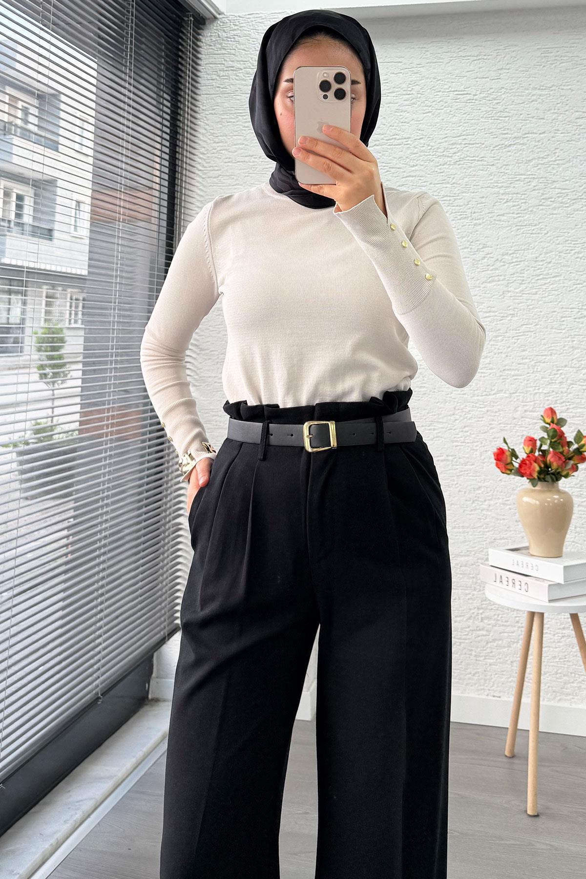 Premium Yüksek Bel Kemerli Pile Detay Palazzo Pantolon – Siyah