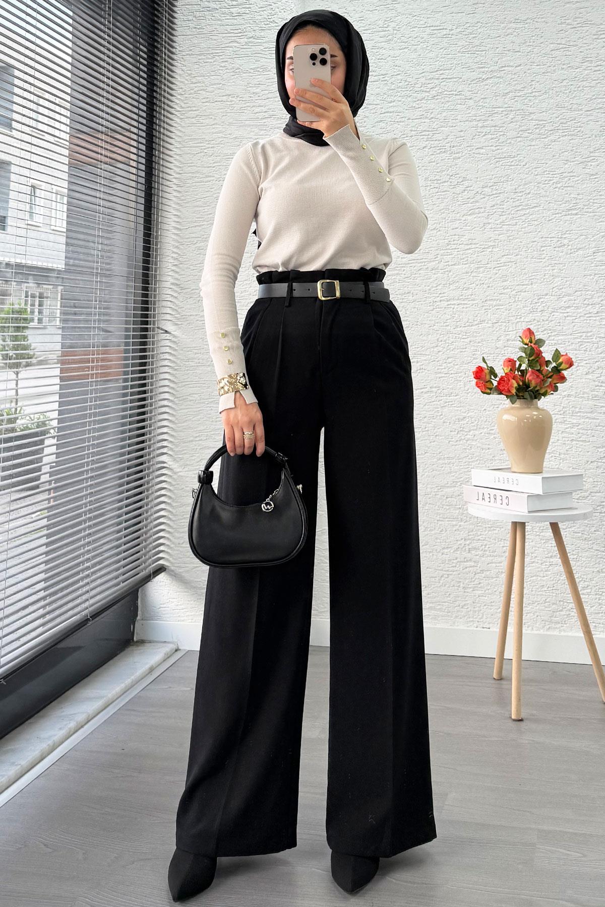 Premium Yüksek Bel Kemerli Pile Detay Palazzo Pantolon – Siyah